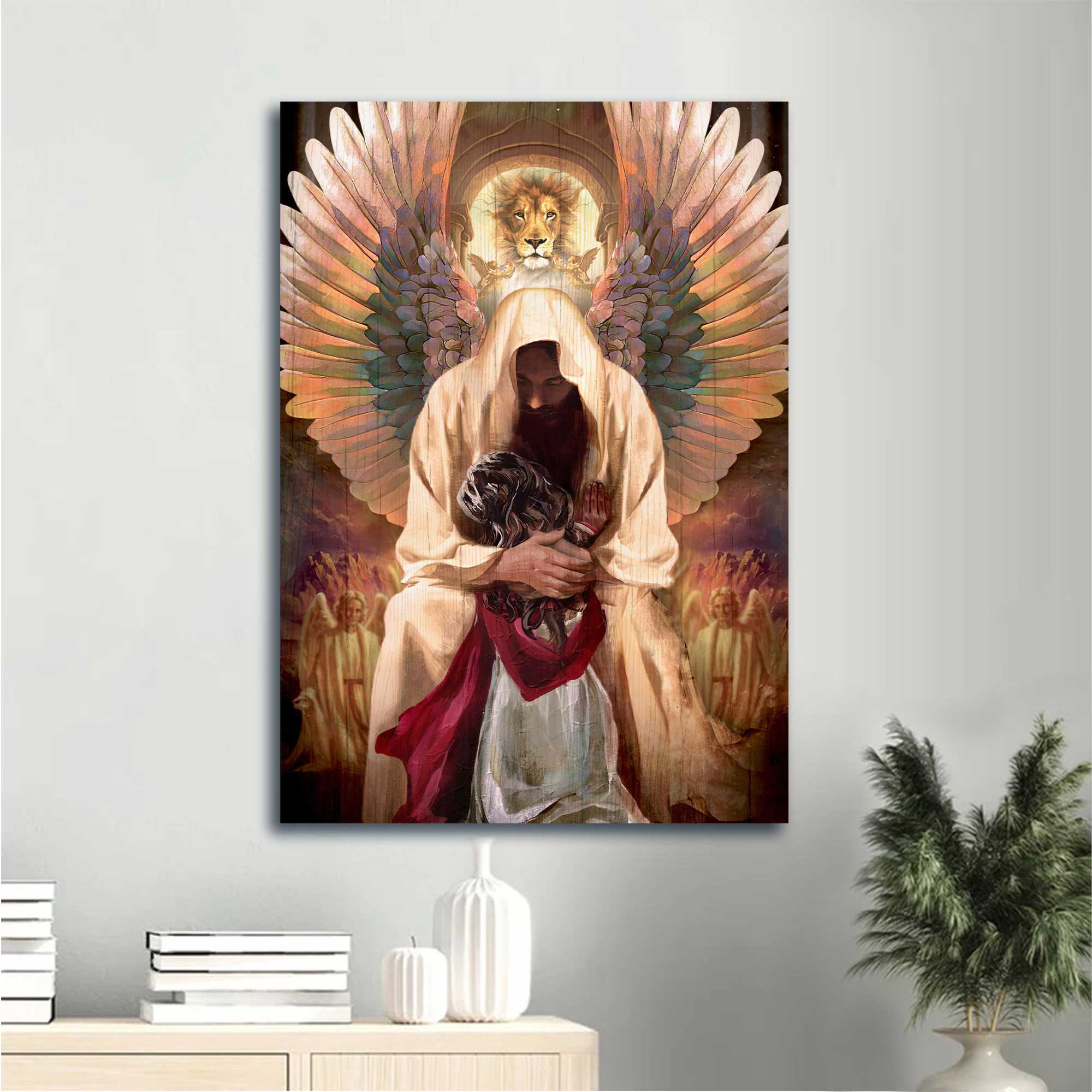 Jesus Portrait Canvas - The World In His Arm, Pray For Healing, Stunning Angel Wings Canvas - Gift For Christian