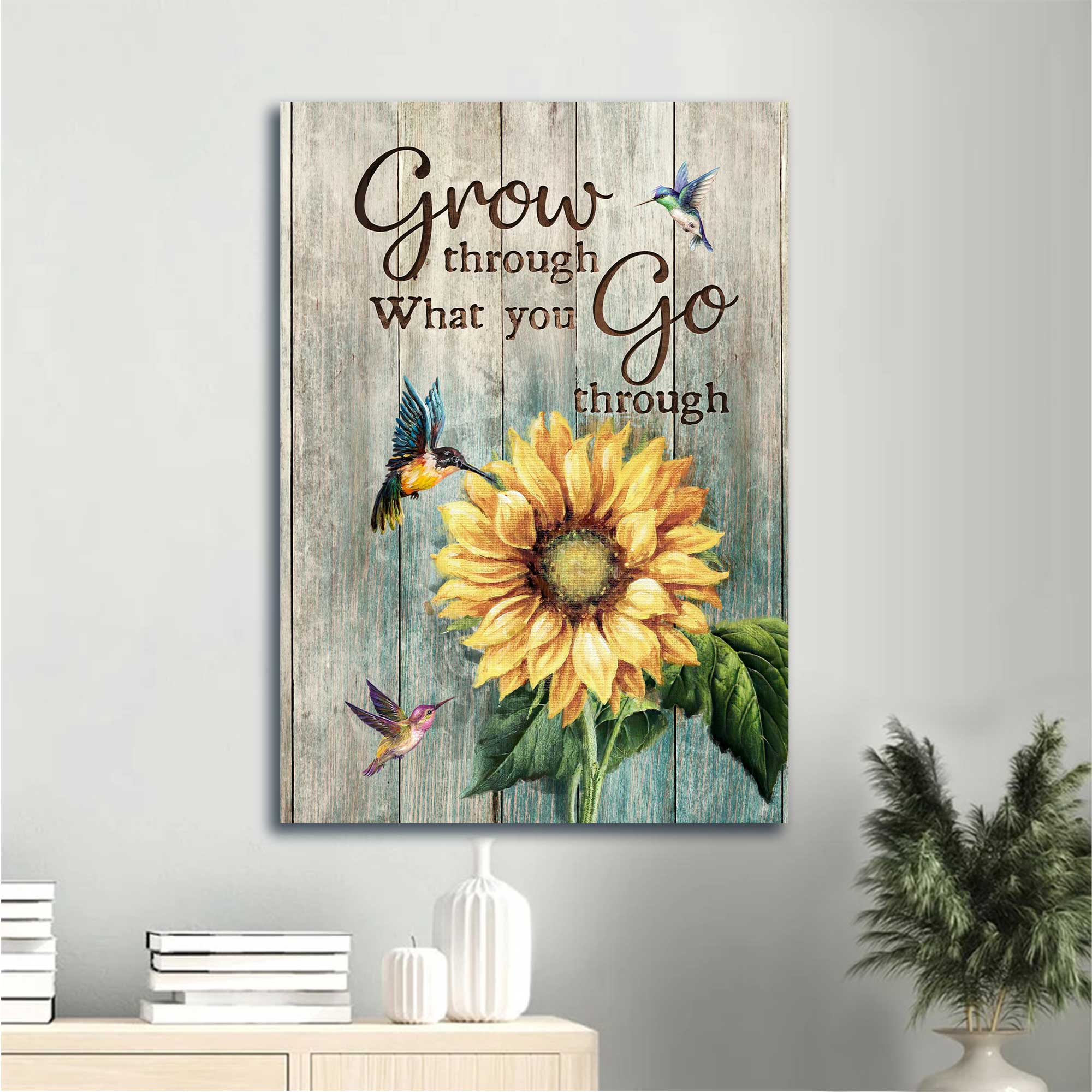 Jesus Portrait Canvas - Sunflower Painting, Hummingbird, Vintage Picture Canvas - Gift For Christian - Grow Through What You Go Through Canvas