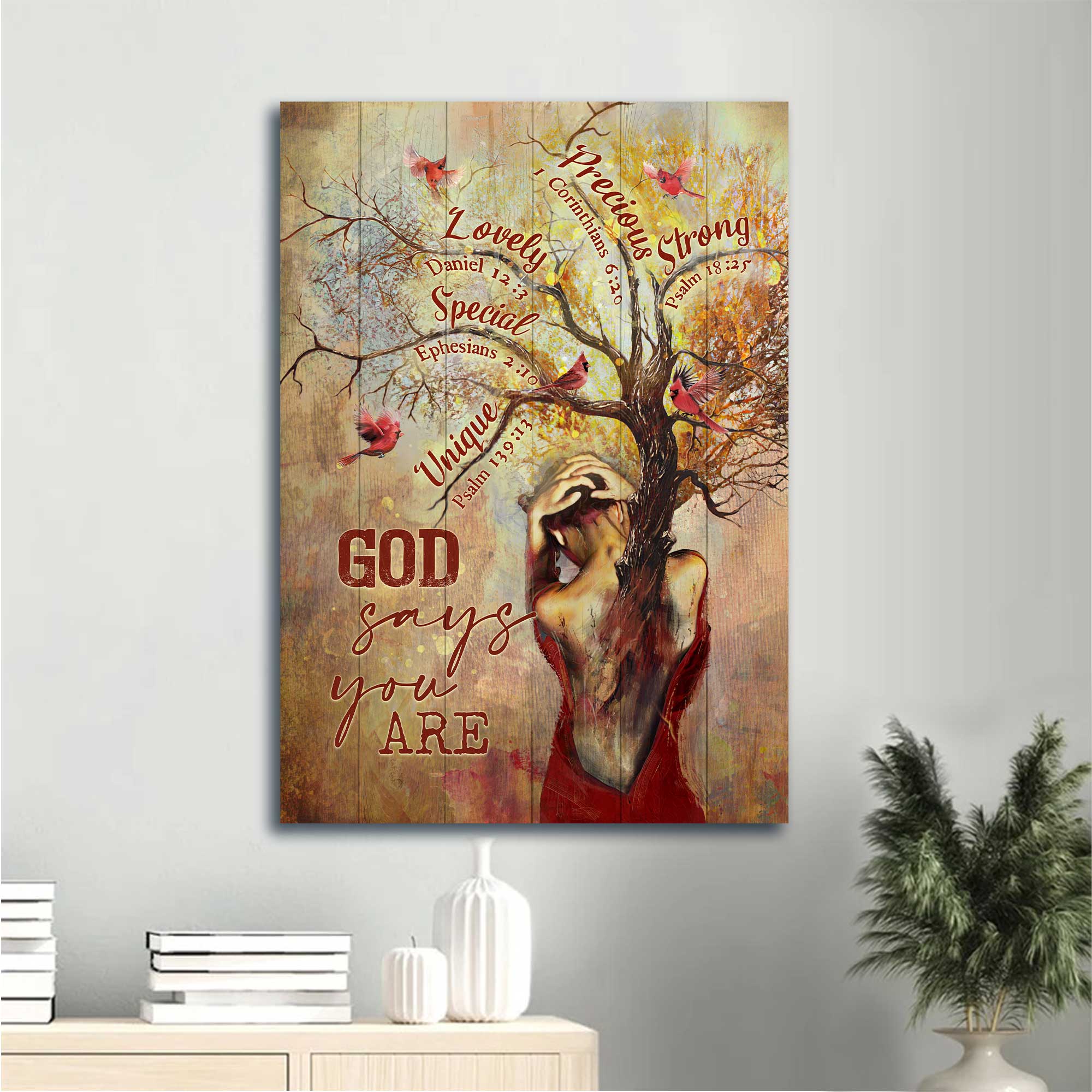 Jesus Portrait Canvas - Tree Painting, Red Cardinal, Autumn Season, Bible Verses Portrait Canvas - Inspirational Gift, Gift For Religious Christian - God Says You Are