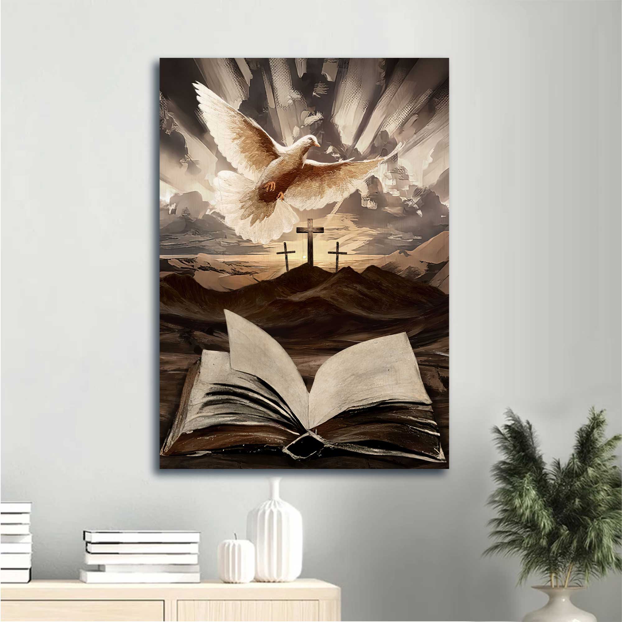 Jesus Portrait Canvas - The Bible, Dove Painting, Old Rugged Crosses, Sunrise On Mountains Canvas - Gift For Christian