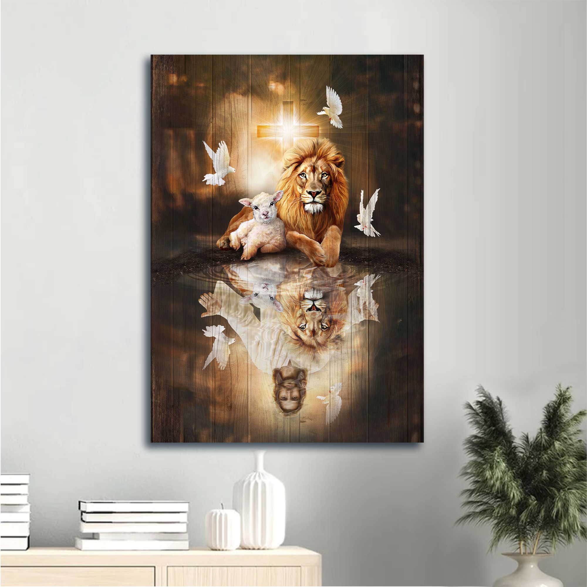 Jesus Portrait Canvas - The Lion Of Judah, Lamb Of God, Dove, Light Cross Canvas - Gift For Christian