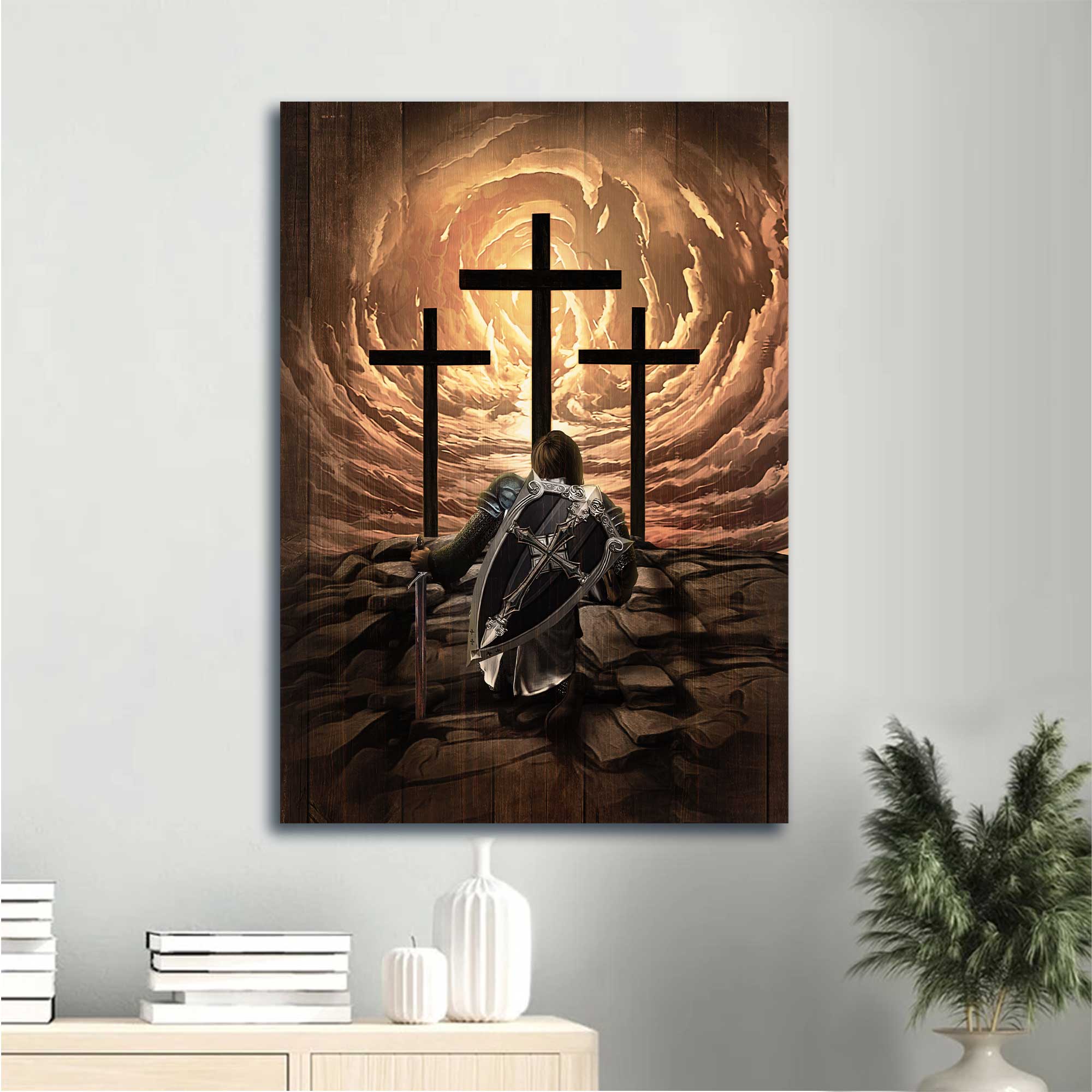 Jesus Portrait Canvas - The Old Rugged Cross, Warrior Of God, Knight Drawing, Under The Command Of The Lord Canvas - Gift For Christian