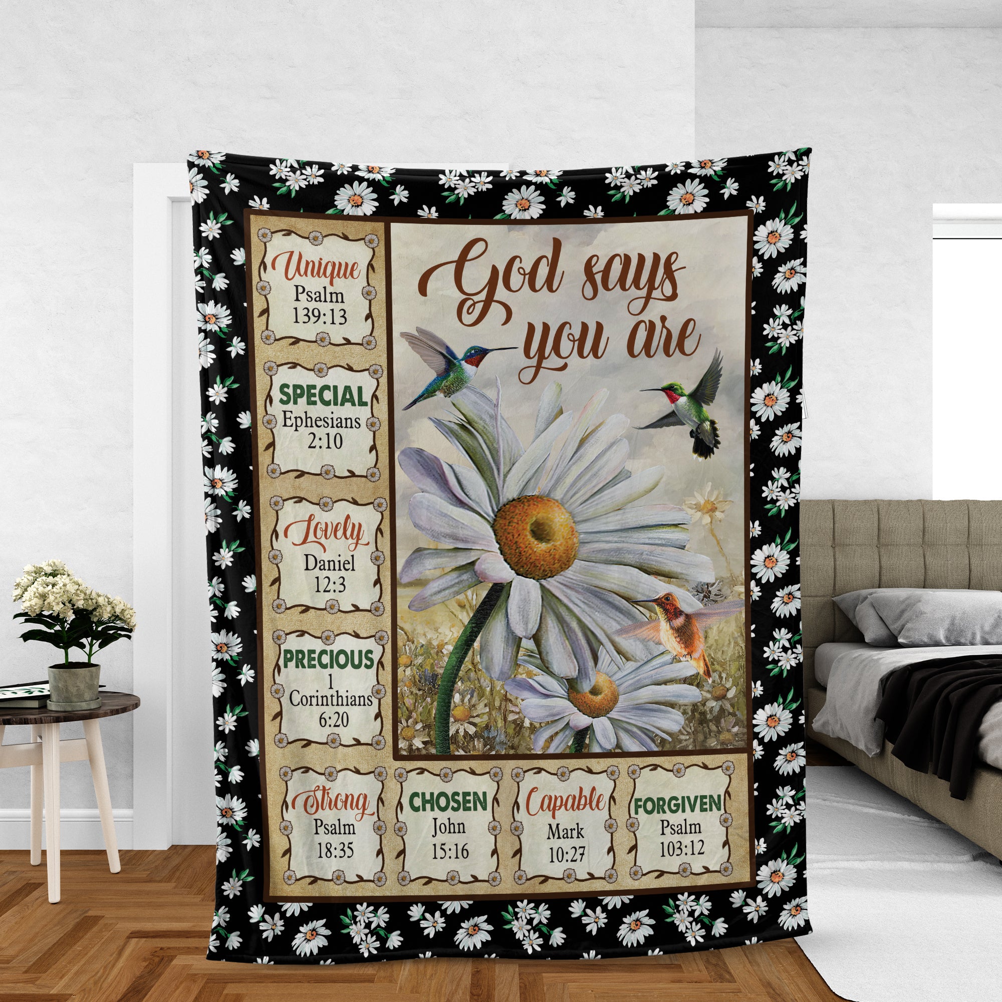 Christian Throw Blanket, Faith Blanket, Jesus Blanket, Inspirational Gift, Daisy And Hummingbird Blanket - God Says You Are Blanket