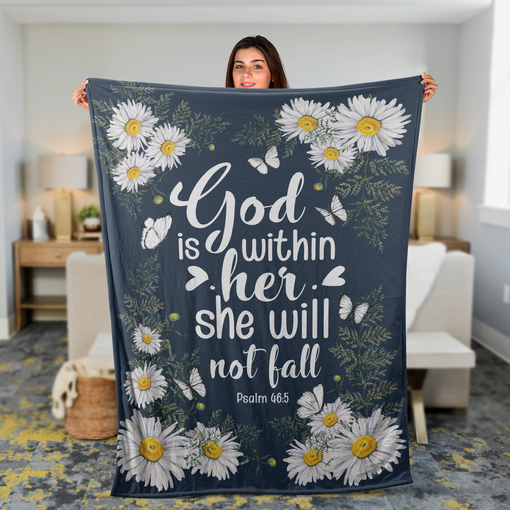 Christian Throw Blanket, Faith Blanket, Jesus Blanket, Inspirational Gift, Daisy Blanket - God Is Within Her, She Will Not Fall Blanket