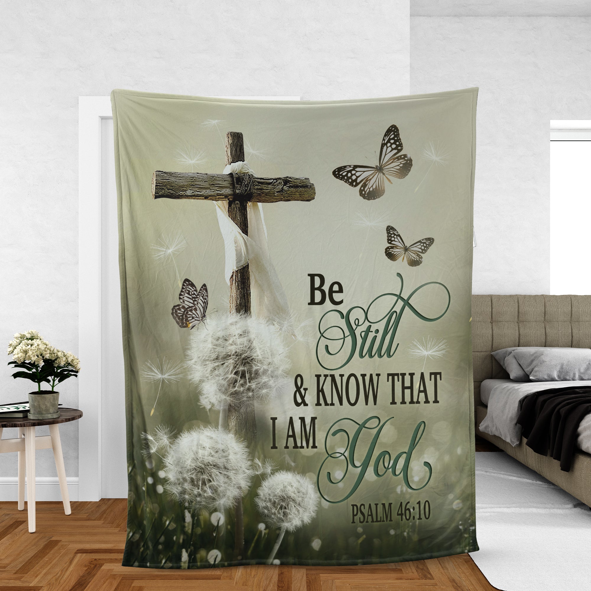 Christian Throw Blanket, Faith Blanket, Psalm 46:10 Bible Verse Blanket, Inspirational Gift - Dandelion And Cross, Be Still And Know That I Am God