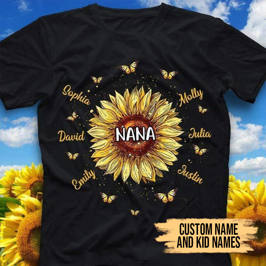Nana and Kids Custom Name T-shirt, Sunflower Grandma Grandkids Names Personalized Shirt - Perfect Gift For Gigi, Nana, Mimi, Grandma
