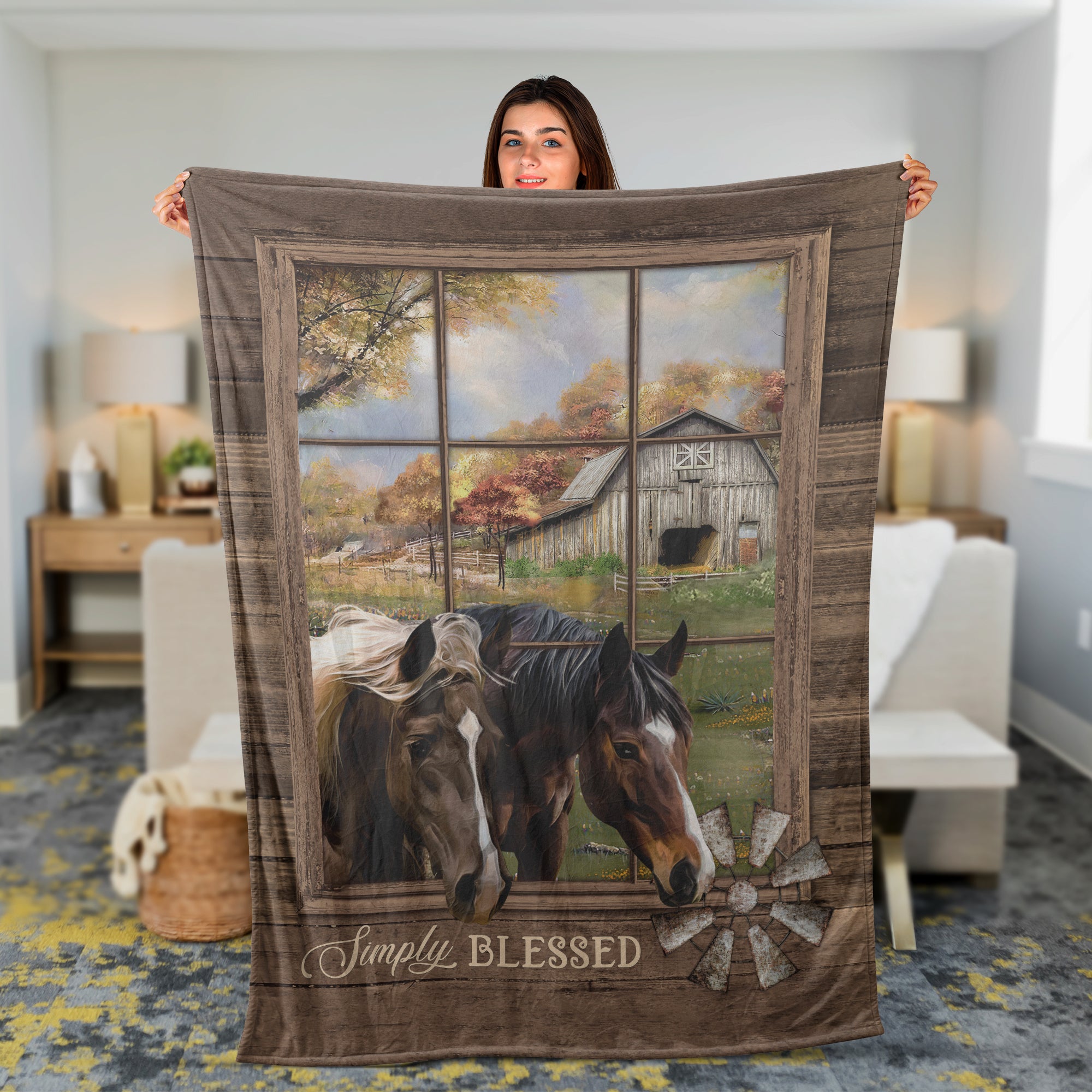 Horses Throw Blanket, Vintage House Blanket, Jesus Blanket, Inspirational Gift - Meadow Land, Simply Blessed Blanket