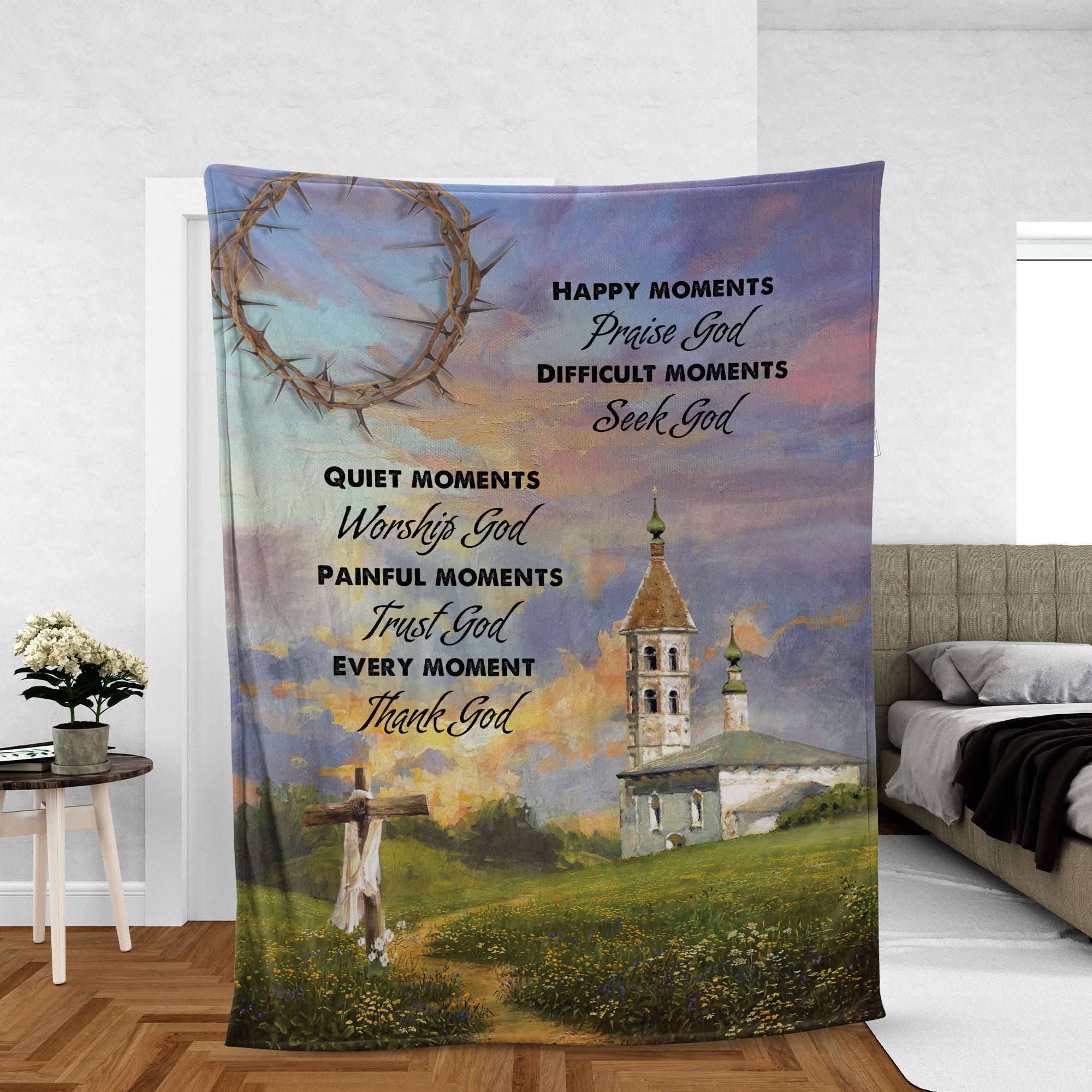 Christian Throw Blanket, Faith Blanket, Jesus Blanket, Inspirational Gift - Old Castle, Sunset Painting, Every Moment Thank God