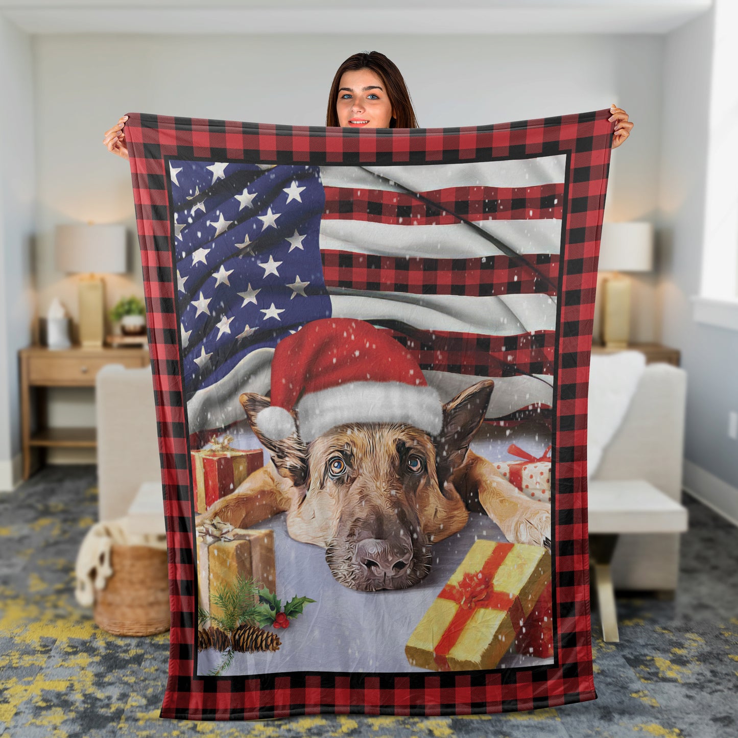 German Shepherd Christmas Blanket, Best Gift For German Shepherd Mom, Dad, German Shepherd Lover, Dog Lovers Christmas Gift, Beautiful Us Flag