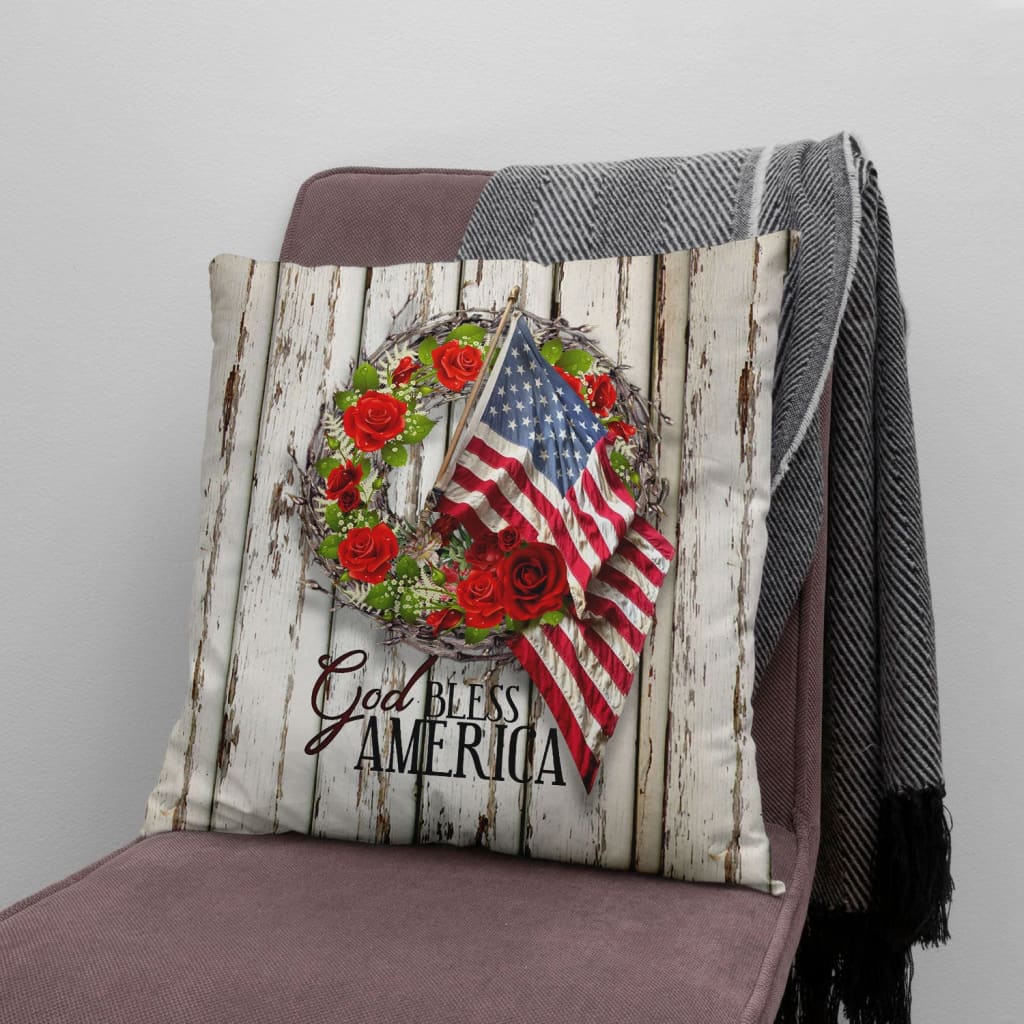 Bible Verse Pillow - Jesus Pillow- Rose Wreath, American Flag- Gift For Christian- God Bless America Christian Pillow