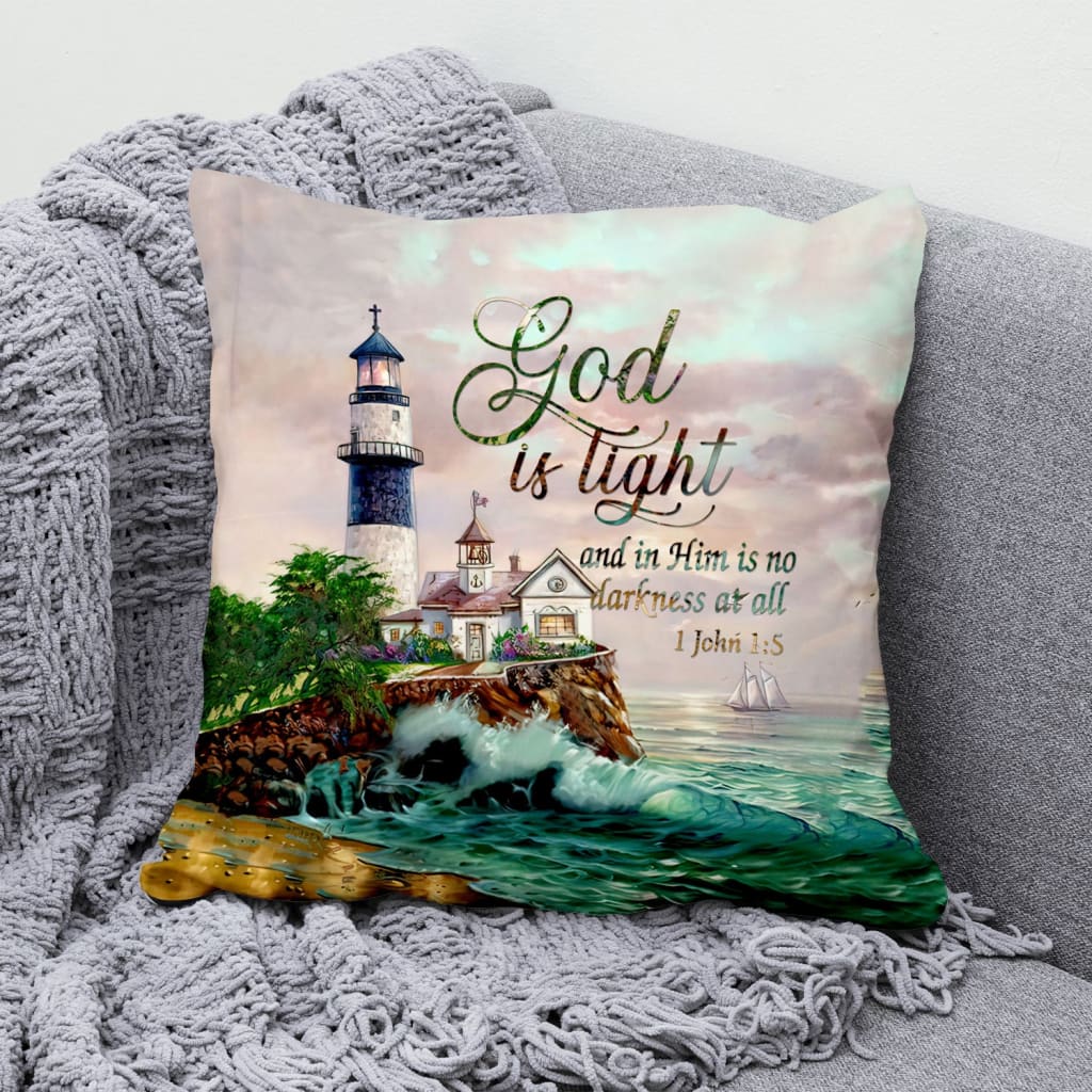 Bible Verse Pillow - Jesus Pillow - Lighthouse, Blue Ocean - Gift For Christian - God Is Light 1 John 1:5 KJV