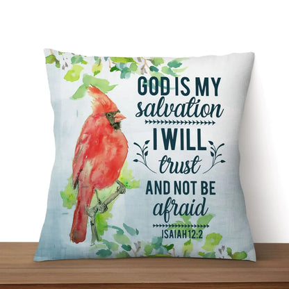 Bible Verse Pillow - Jesus Pillow - Red Cardinal- Gift For Christian- God Is My Salvation Isaiah 12:2