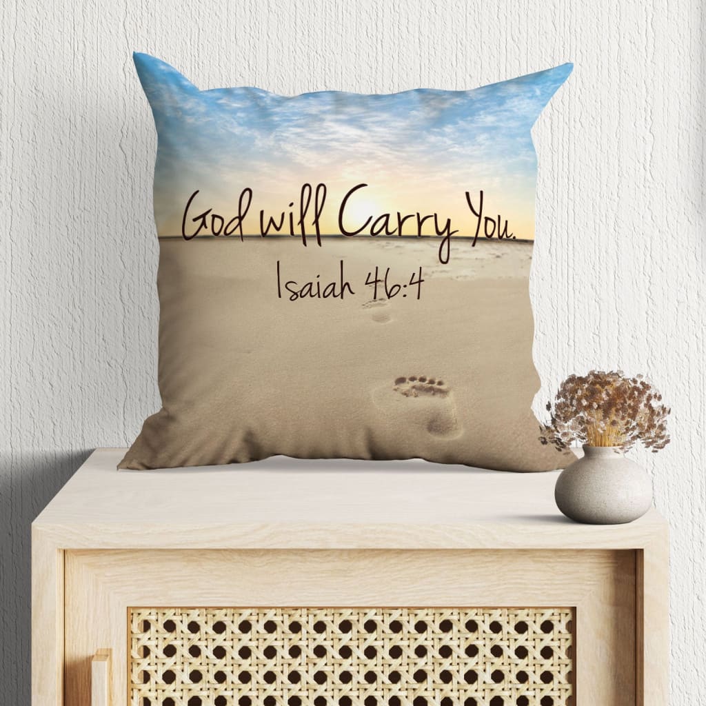 Bible Verse Pillow - Jesus Pillow - Footprint on the sand Pillow - Gift For Christian - God will carry you Isaiah 46:4 Throw Pillow