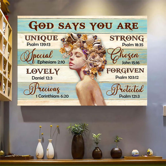 Jesus Landscape Canvas- Beautiful girl, Seashell hair, God says you are canvas- Gift for Christian