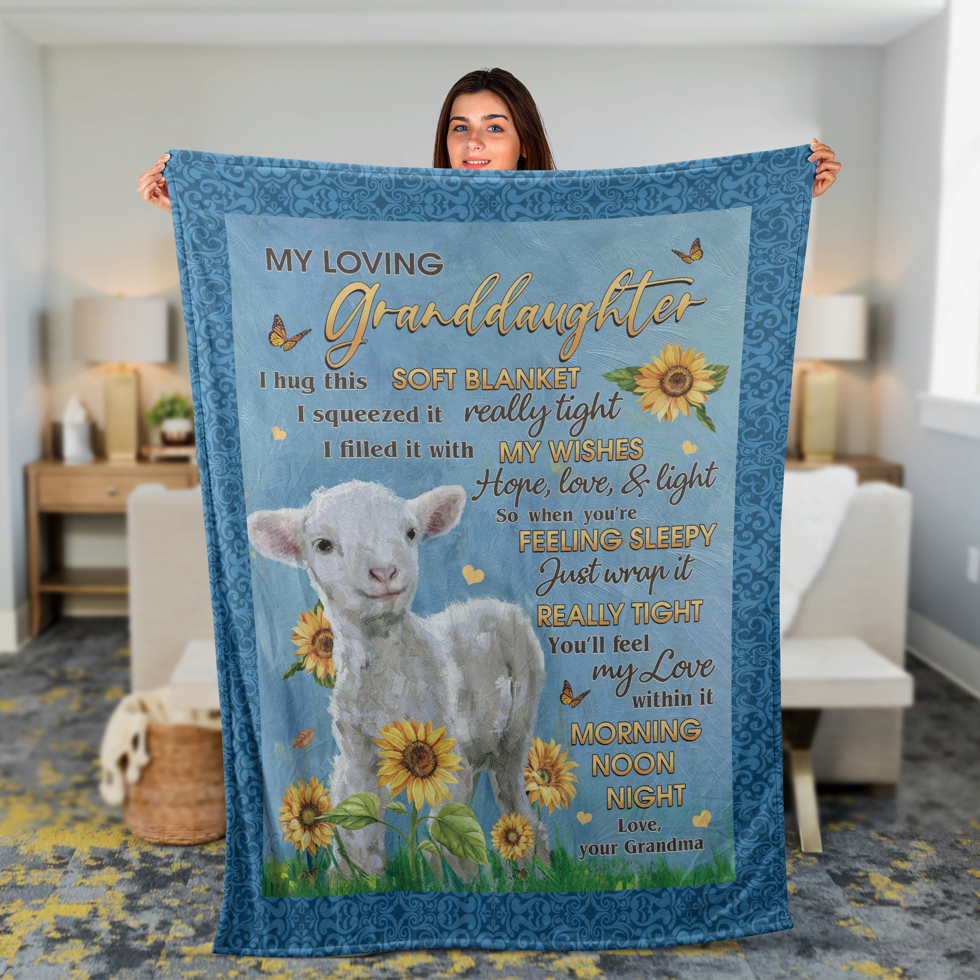 Granddaughter Blanket, Family Blanket, Perfect Gift For Granddaughter From Grandma, Grandpa - Lamb And Sunflower Field, Hope Love And Light
