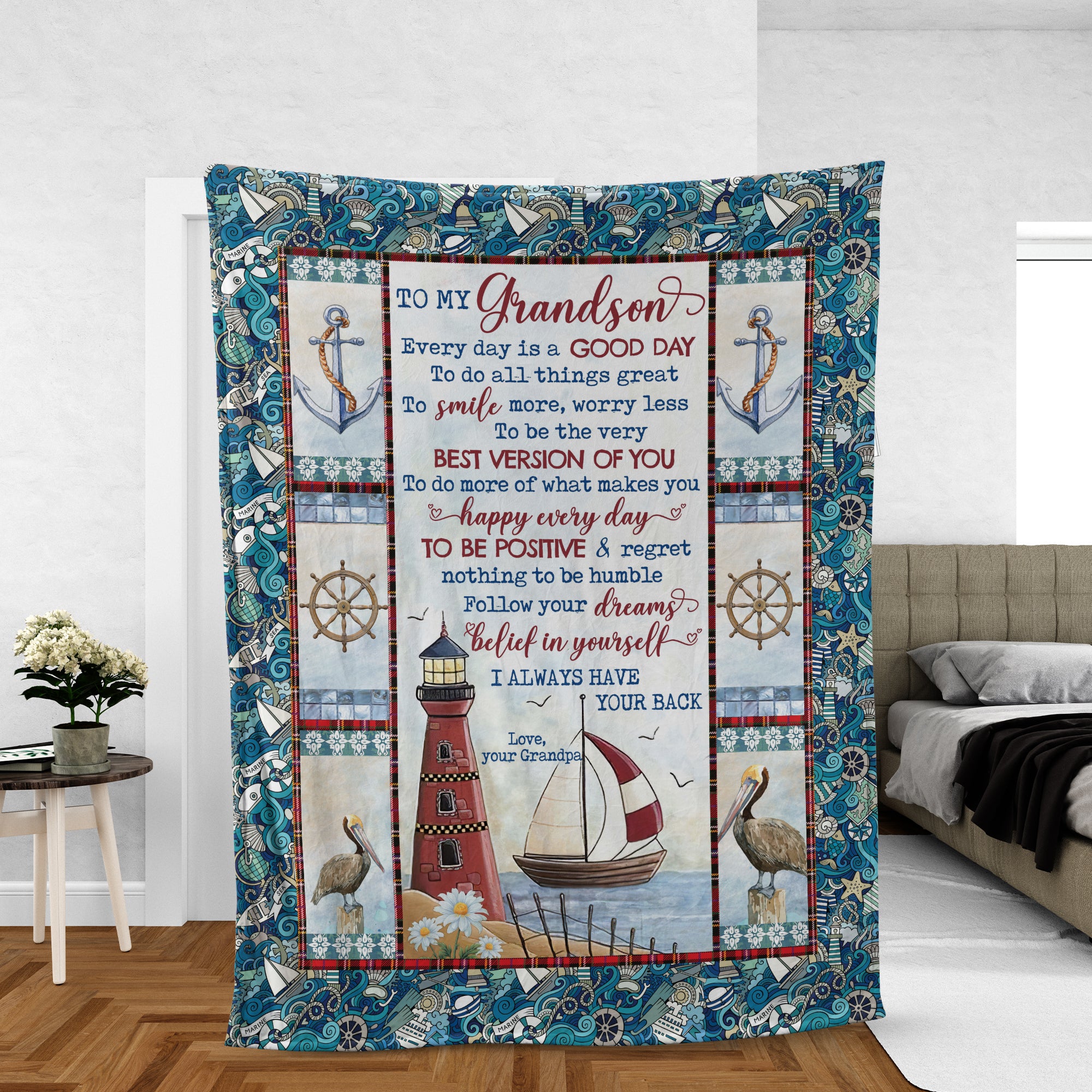 Grandson Blanket, Family Blanket, Perfect Gift For Grandson From Grandma, Grandpa - Red Lighthouse, Boat And Blue Ocean, I Always Have Your Back