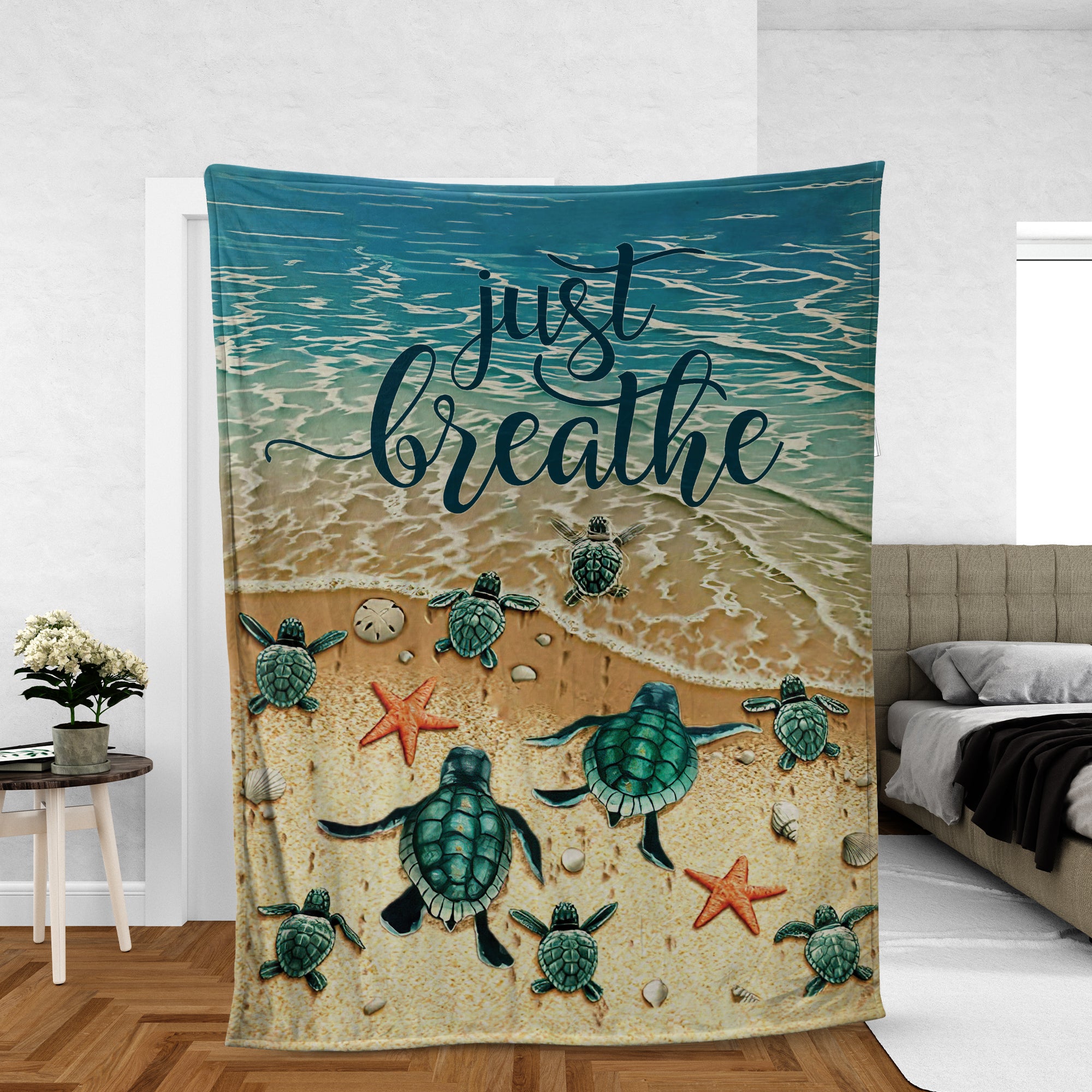 Green Sea Turtle Blanket, Ocean Drawing Blanket, Inspirational Gift, Just Breathe Blanket, Perfect Gift For Family, Friends