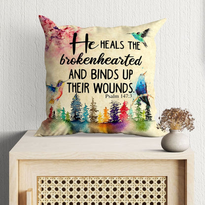 Bible Verse Pillow - Jesus Pillow - Colorful Trees, Hummingbirds Pillow - Gift For Christian - He Heals The Brokenhearted Psalm 147:3 Pillow