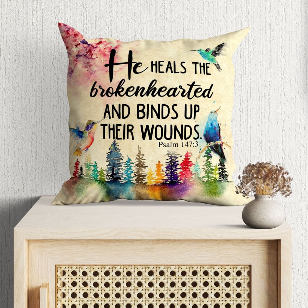 Bible Verse Pillow - Jesus Pillow - Colorful Trees, Hummingbirds Pillow - Gift For Christian - He Heals The Brokenhearted Psalm 147:3 Pillow