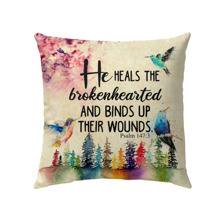 Bible Verse Pillow - Jesus Pillow - Colorful Trees, Hummingbirds Pillow - Gift For Christian - He Heals The Brokenhearted Psalm 147:3 Pillow