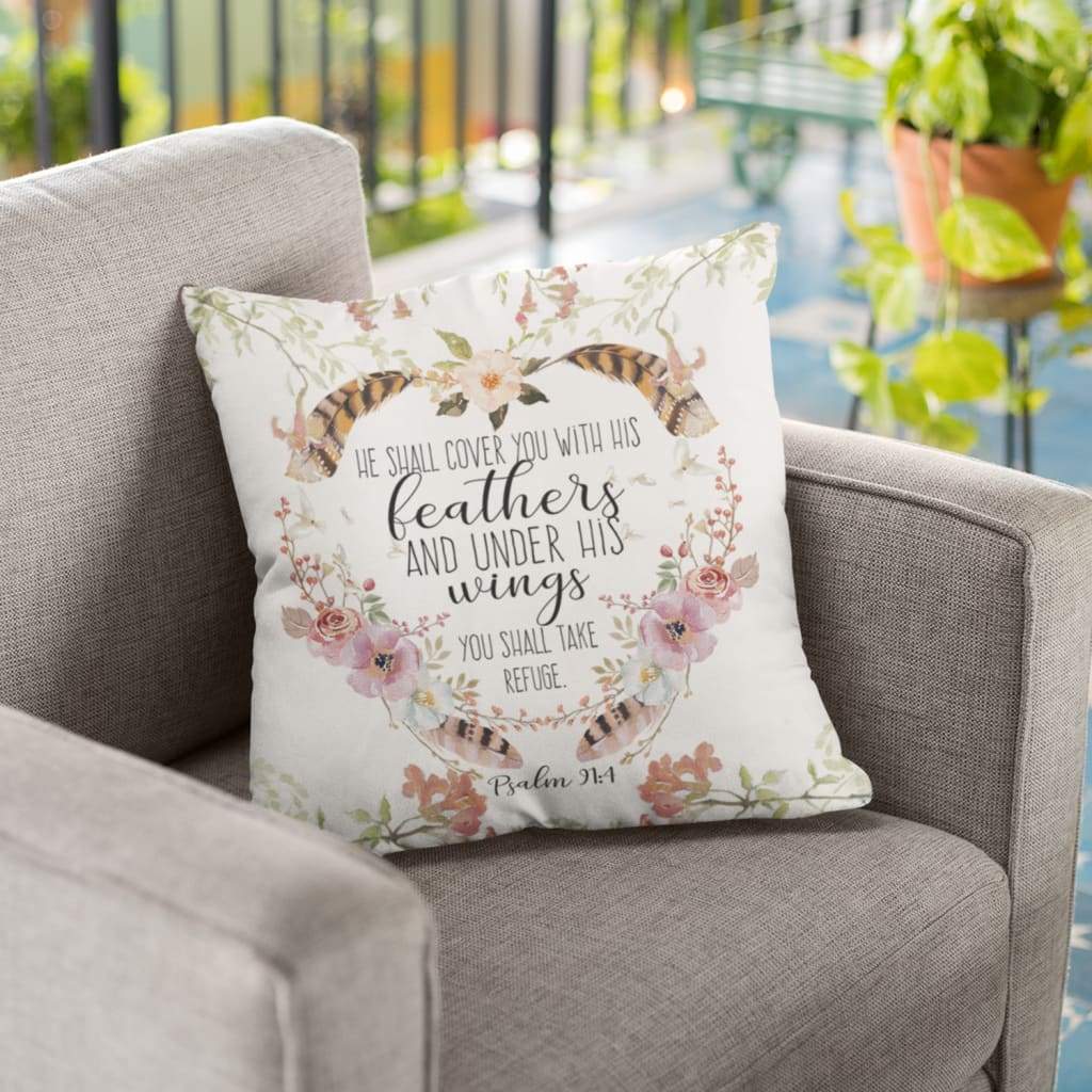 Bible Verse Pillow - Jesus Pillow - Heart Flowers Wreath Pillow - Gift For Christian - He Shall Cover You With His Feathers Psalm 91:4 Pillow