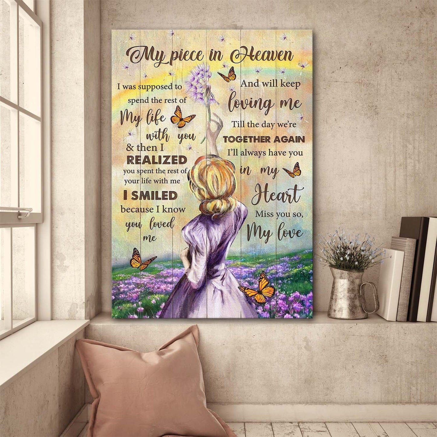 Memorial Portrait Canvas-  Beautiful girl, Flower field, butterfly, Heaven Portrait Canvas- Gift for members family- My piece in heaven, Till the day we're together again