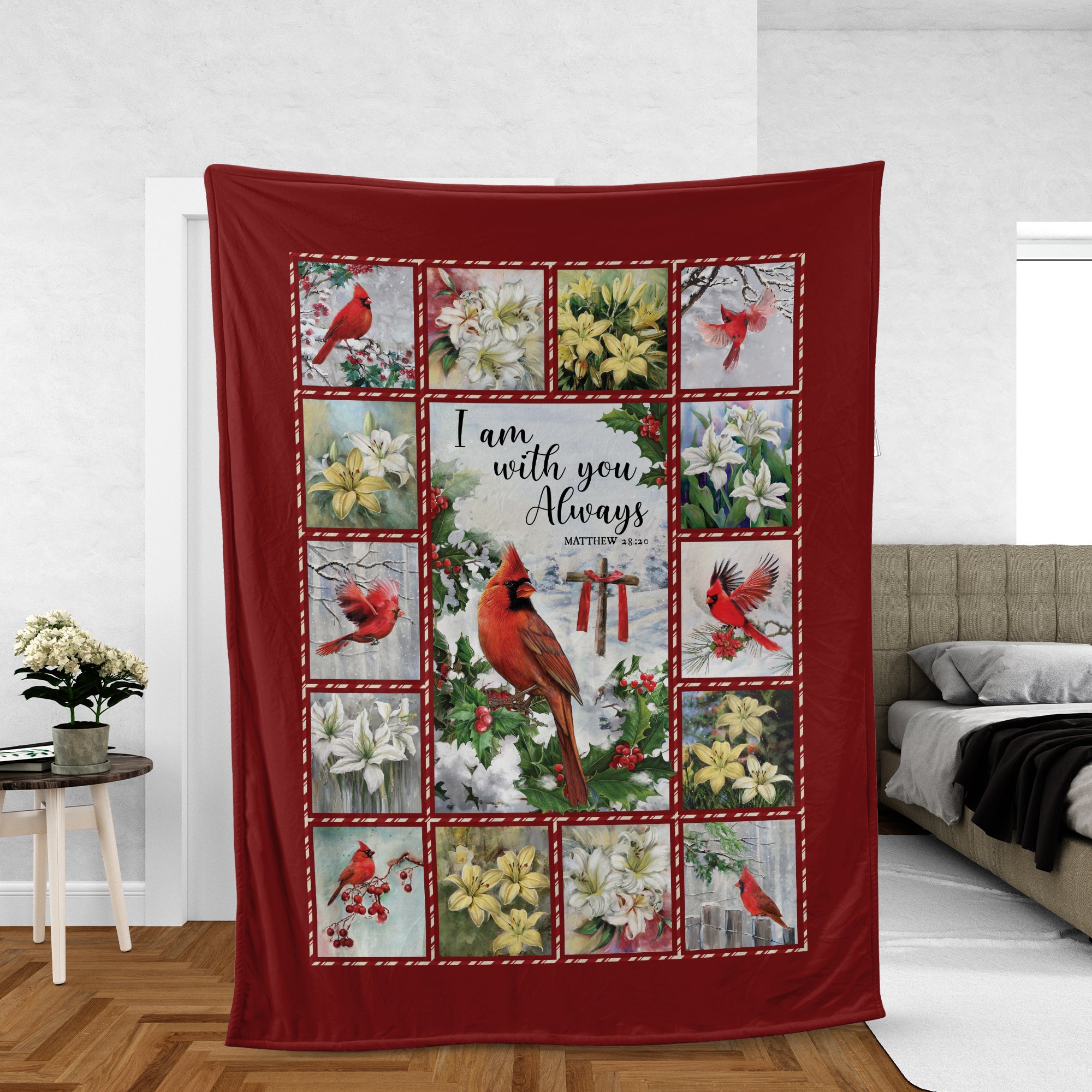 Jesus And Cardinal Blanket, Christian Throw Blanket, Faith Blanket, Inspirational Gift - Christmas Cross And Flowers Blanket, I Am With You Always