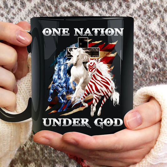 Jesus Black Mug- Running horses, One nation under God, The US flag- Gift for Christian - Black Mug