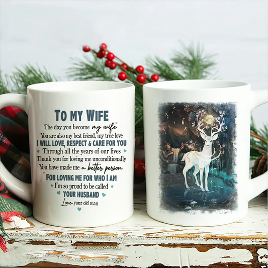 Couple White Mug - To my wife, Beautiful deer, Full-moon night- Gift for Husband, couple, lover- I'm so proud to be called your husband - White Mug
