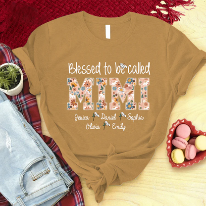 Mimi And Grandkids Custom Name T-Shirt, Flower Blessed To Be Called T-Shirt, Mother's Day Personalized T-Shirt  - Gift For Mimi, Nana, Grammy, Grandma