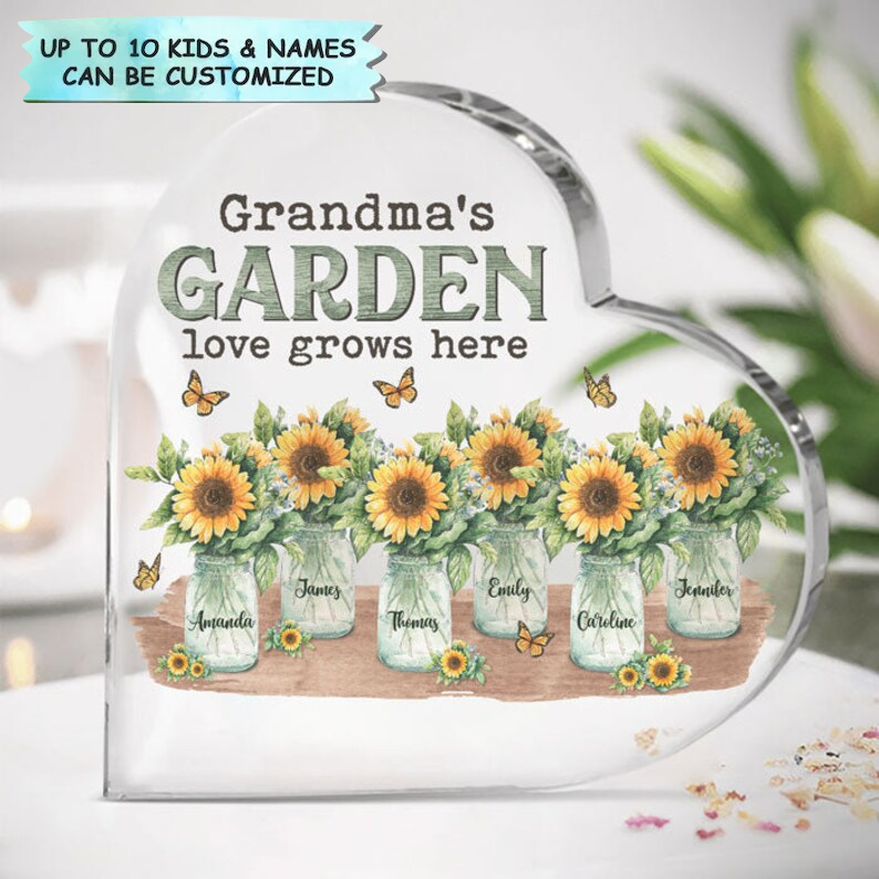 Grandma's Garden Love Grows Here Heart Shaped Acrylic Plaque, Custom Names Heart Shaped Acrylic, Personalized Gift For Grandma, Mimi, Nana, Grandmy