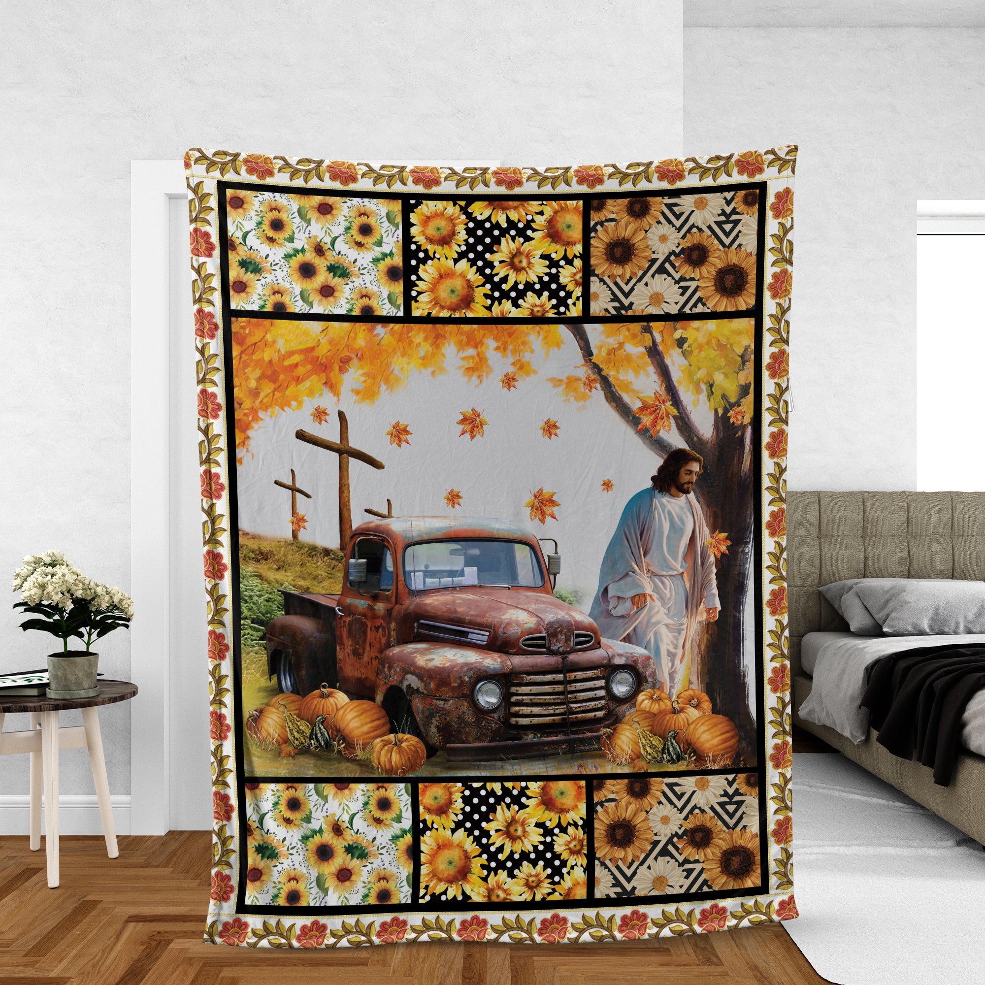 Jesus And Fall Autumn Blanket, Christian Throw Blanket, Faith Blanket, Inspirational Gift - Amazing Red Car And Pumpkins Blanket