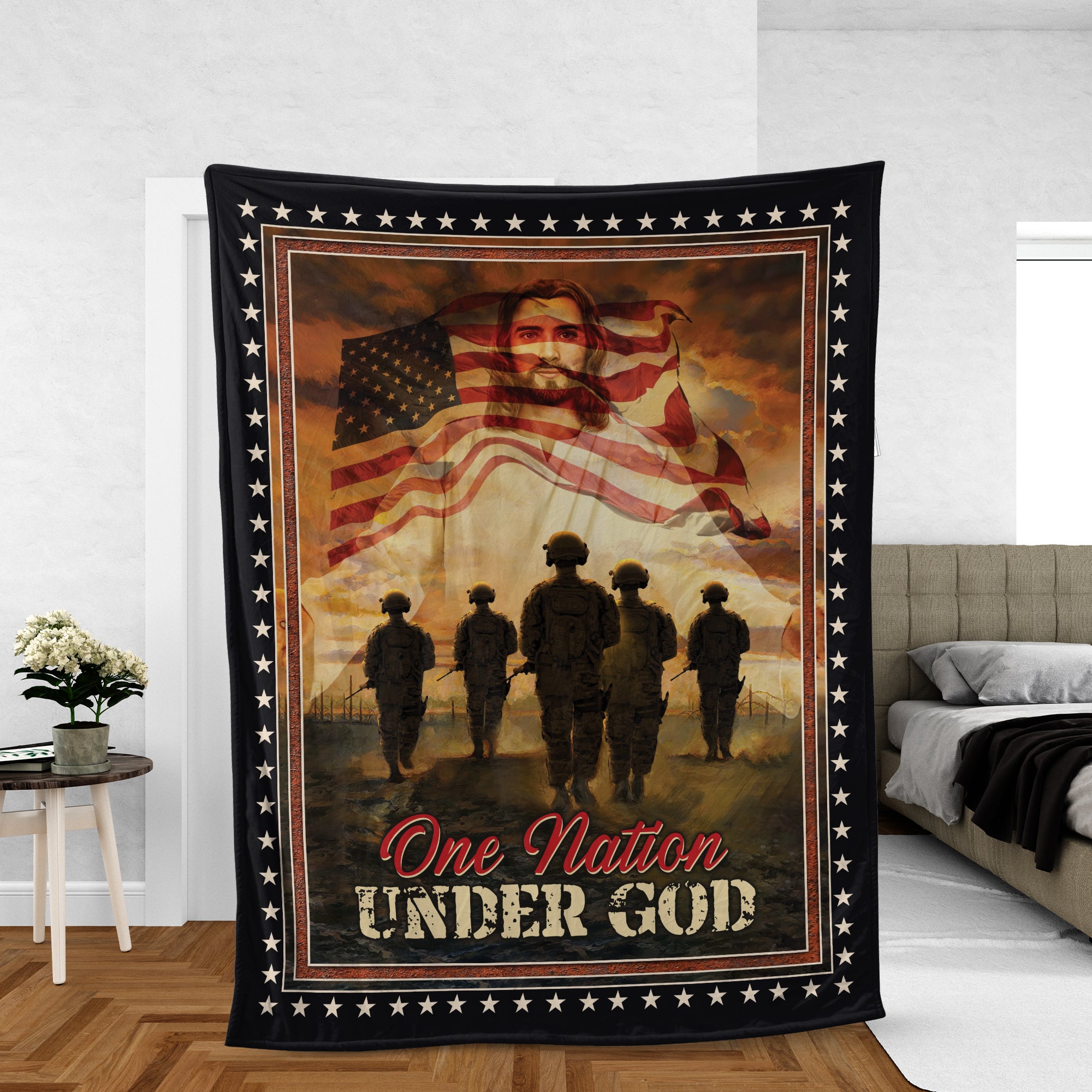 Jesus and Veterans Blanket, Christian Throw Blanket, Faith Blanket, Inspirational Gift - One nation under God Blanket