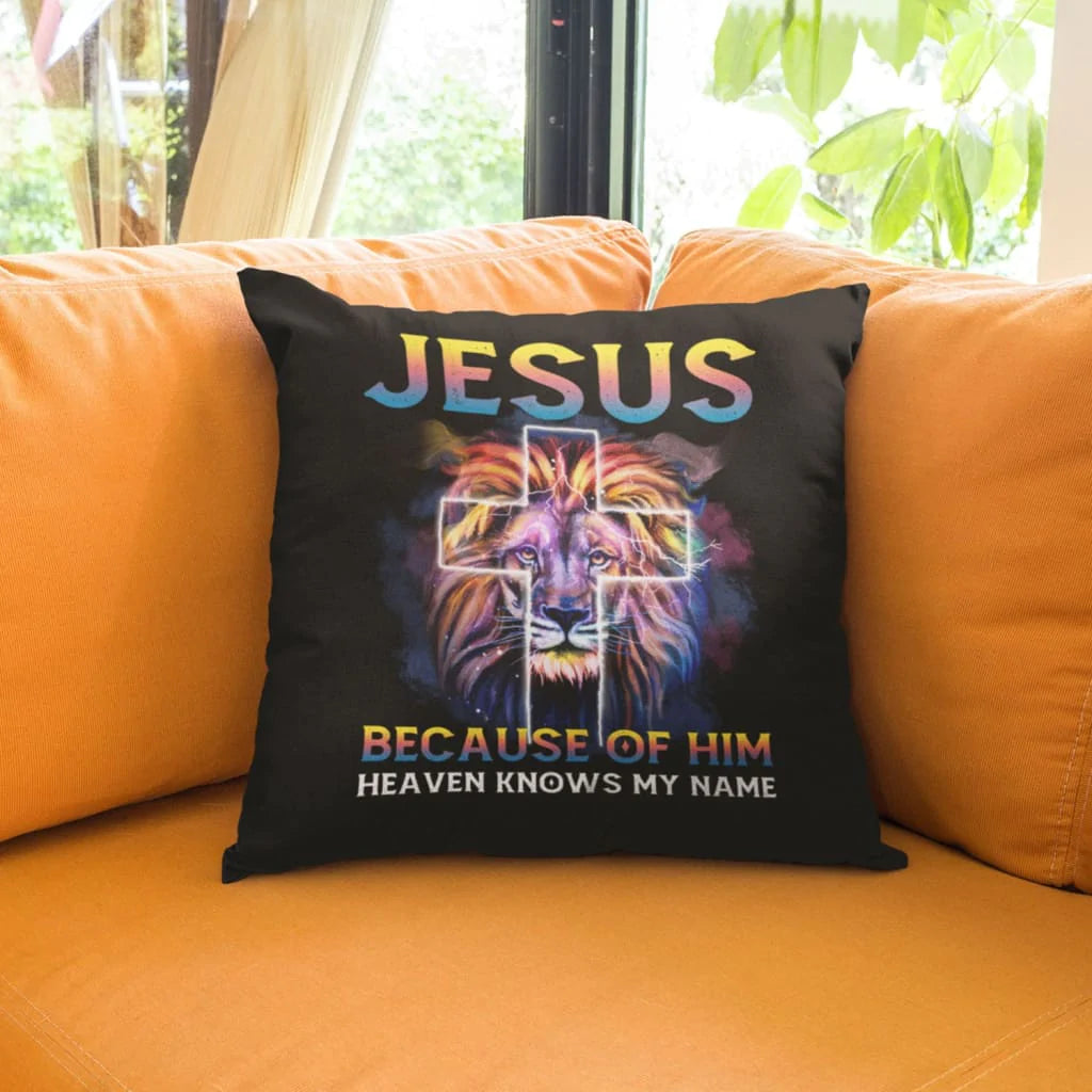 Jesus Pillow - Christian, Lion, Cross Pillow - Gift For Christian - Jesus because of him heaven knows my name Pillow