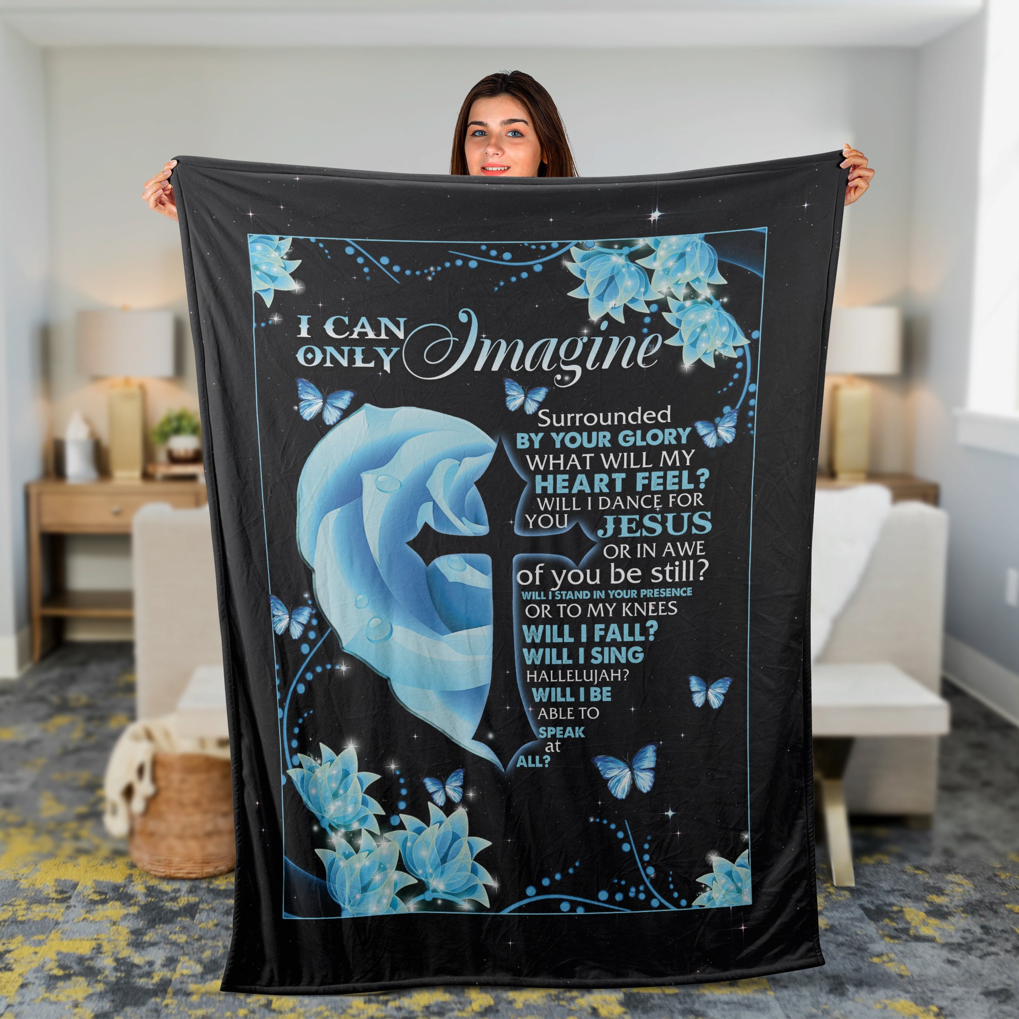 Christian Throw Blanket, Faith Blanket, Jesus Christ Blanket, Inspirational Gift, Blue Rose And Cross Blanket - I Can Only Imagine