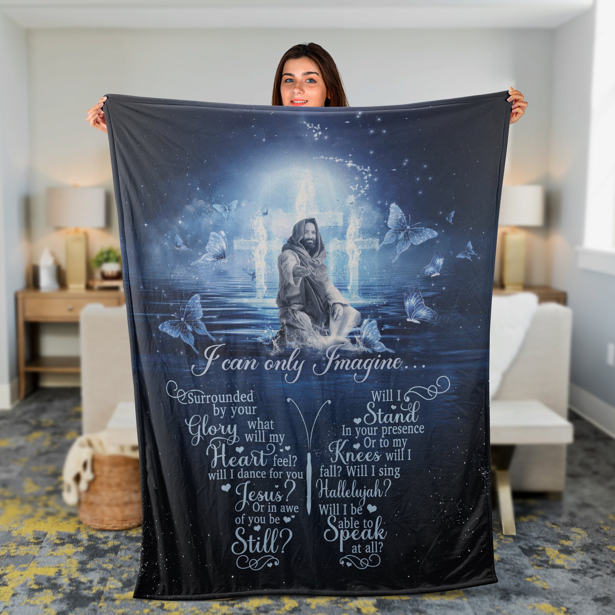 Christian Throw Blanket, Faith Blanket, Jesus Christ Blanket, Inspirational Gift - Cross Symbol And Blue Butterfly, I Can Only Imagine