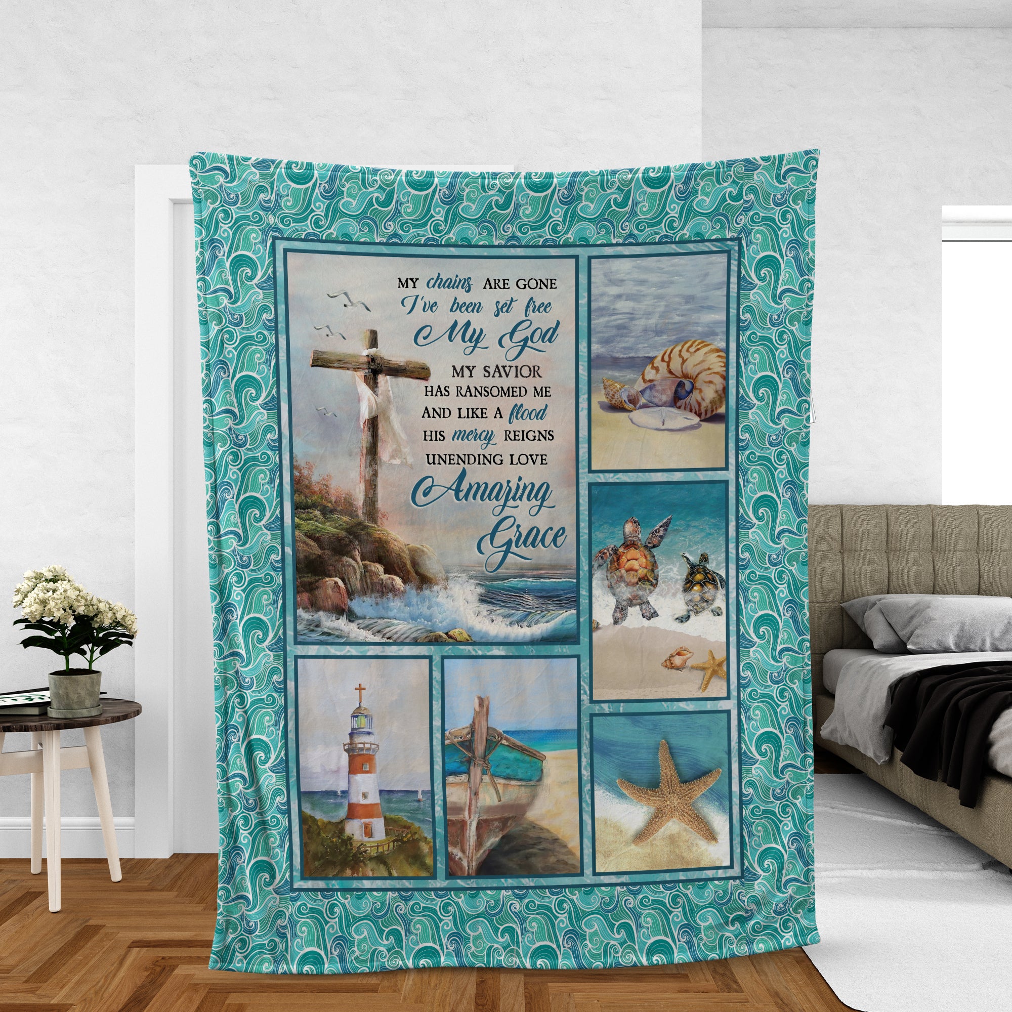 Christian Throw Blanket, Jesus And Ocean Blanket, Faith Blanket, Inspirational Gift, Cross And Turtle Blanket - Amazing Grace Blanket