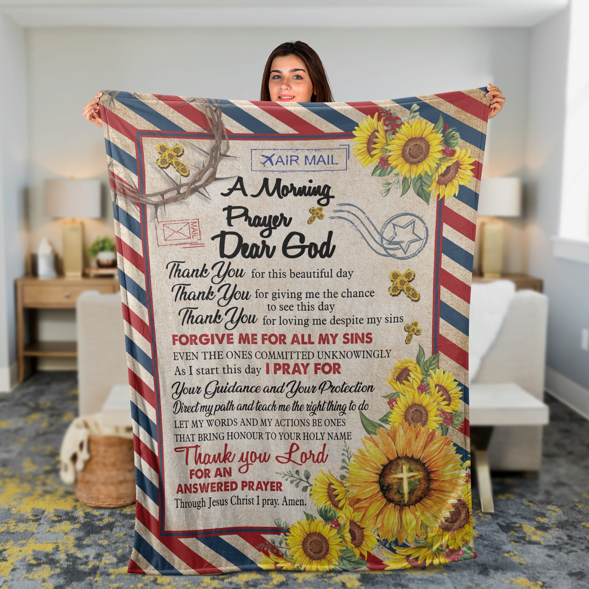 Christian Throw Blanket, Sunflower And Letter Blanket, Faith Blanket, Dear God - Thank You Lord For And Answered Prayer