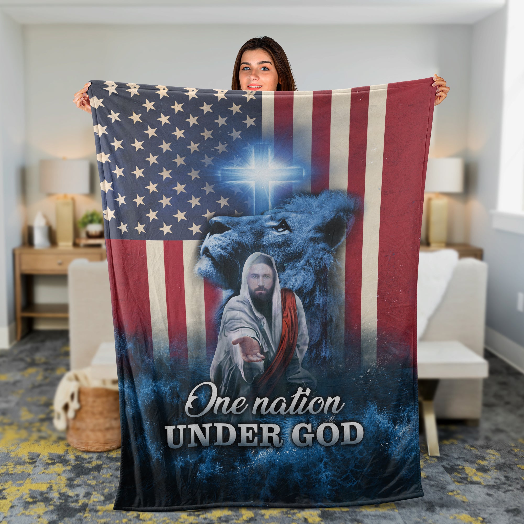 Christian Throw Blanket, Lion and Jesus Blanket, Faith Blanket, God Blanket, God's Hand And US Flag - One Nation Under God