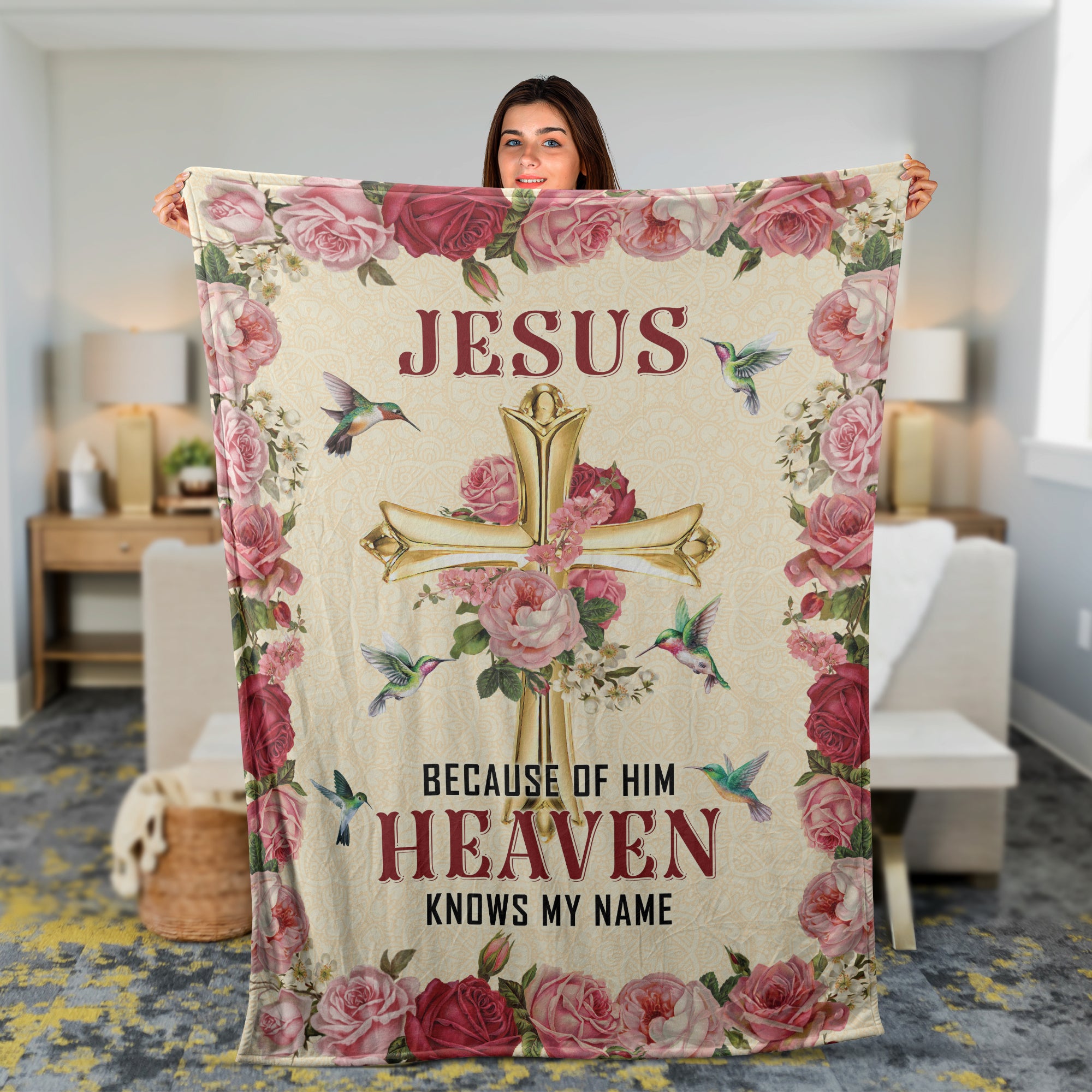 Christian Throw Blanket, Butterfly Blanket, Faith Blanket, God Blanket, Golden Cross - Because Of Him Heaven Knows My Name