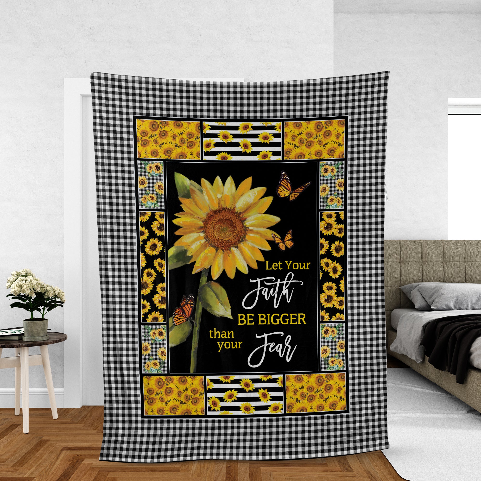 Christian Throw Blanket, Butterfly And Sunflower Blanket, Faith Blanket, God Blanket - Let Your Faith Be Bigger Than Your Fear Blanket