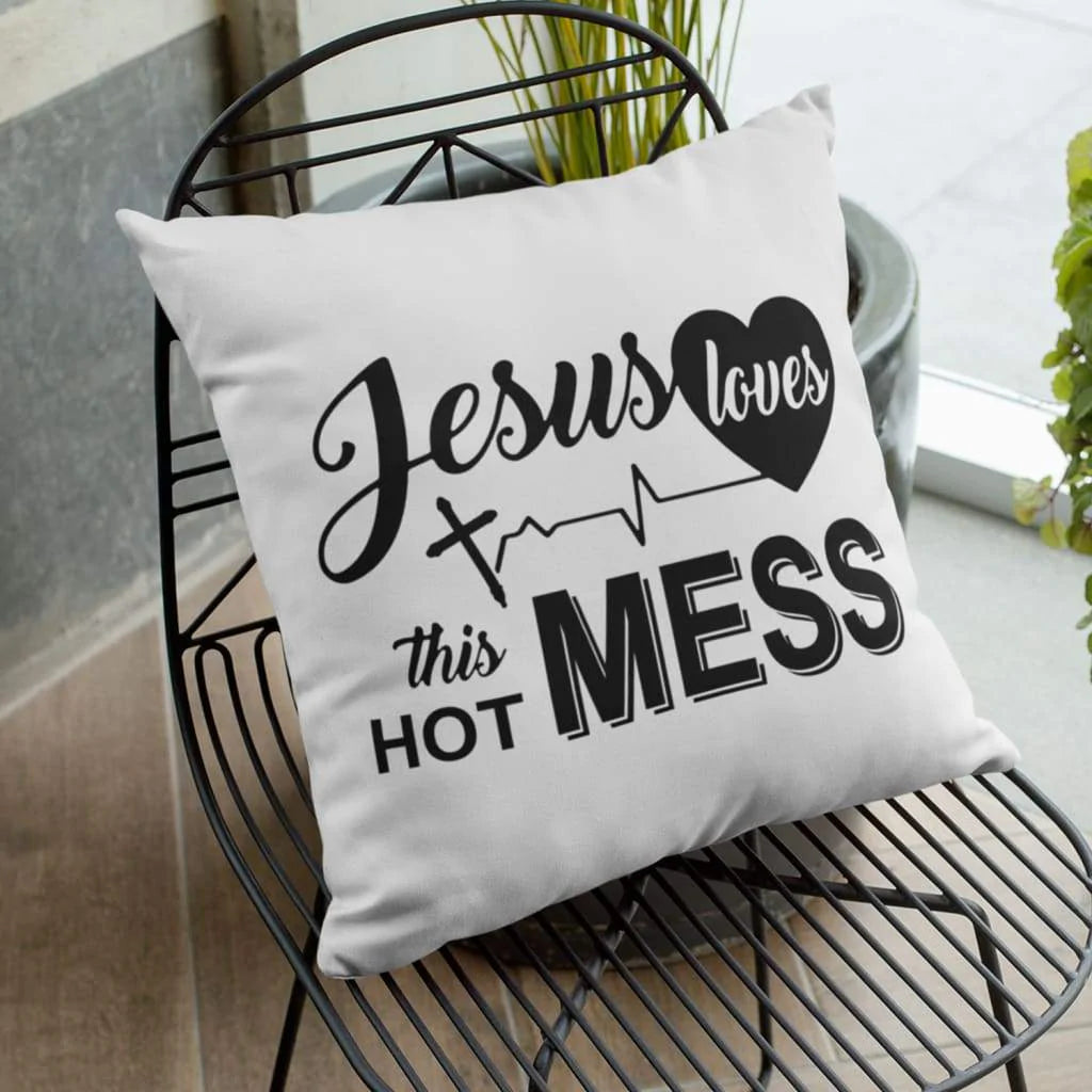 Jesus Pillow - Christian, Cross Heartbeat Pillow - Gift For Christian - Jesus loves this hot mess Pillow