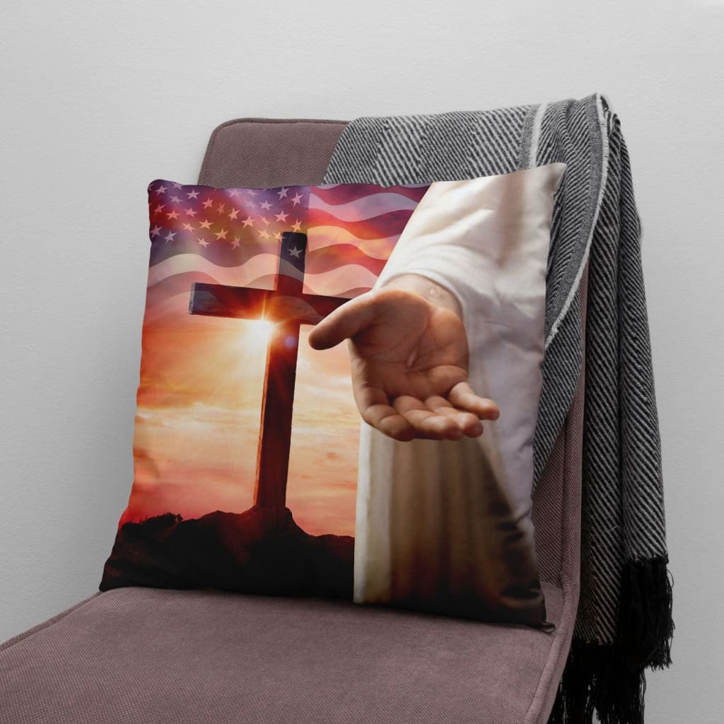 Jesus Pillow - Christian, Cross, American Flag Pillow - Gift For Christian - Jesus Outstretched Hands Saves Pillow