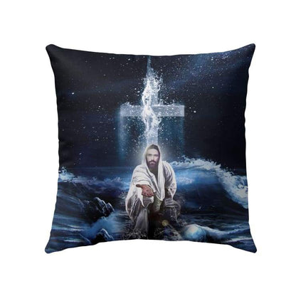 Jesus Pillow - Christian, Cross, Ocean Pillow - Gift For Christian - Jesus Outstretched Hands Saves Pillow