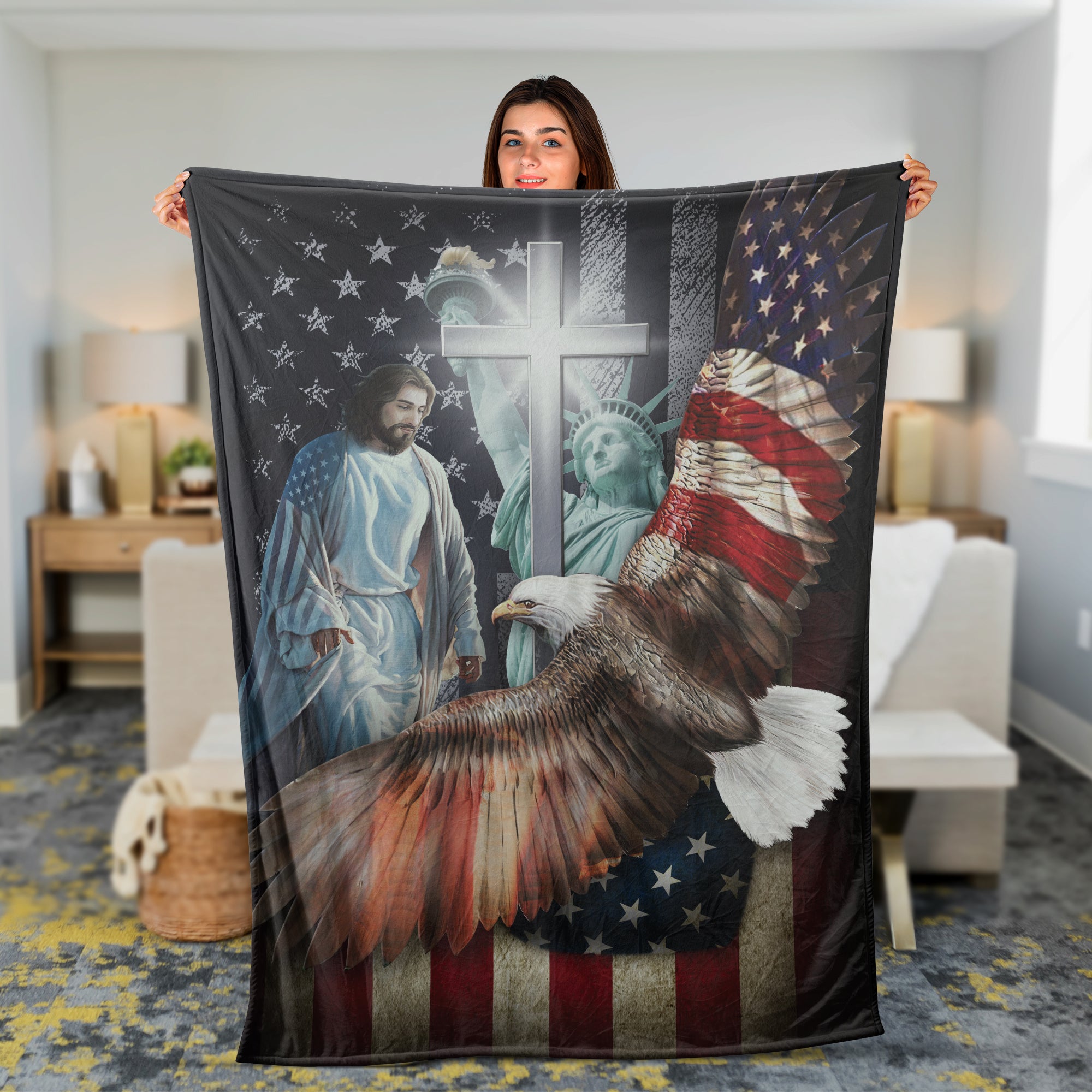 Christian Throw Blanket, Jesus And Bald Eagle Blanket, Faith Blanket, Independence Day Gift - The US Flag, Blessed By Jesus Christ