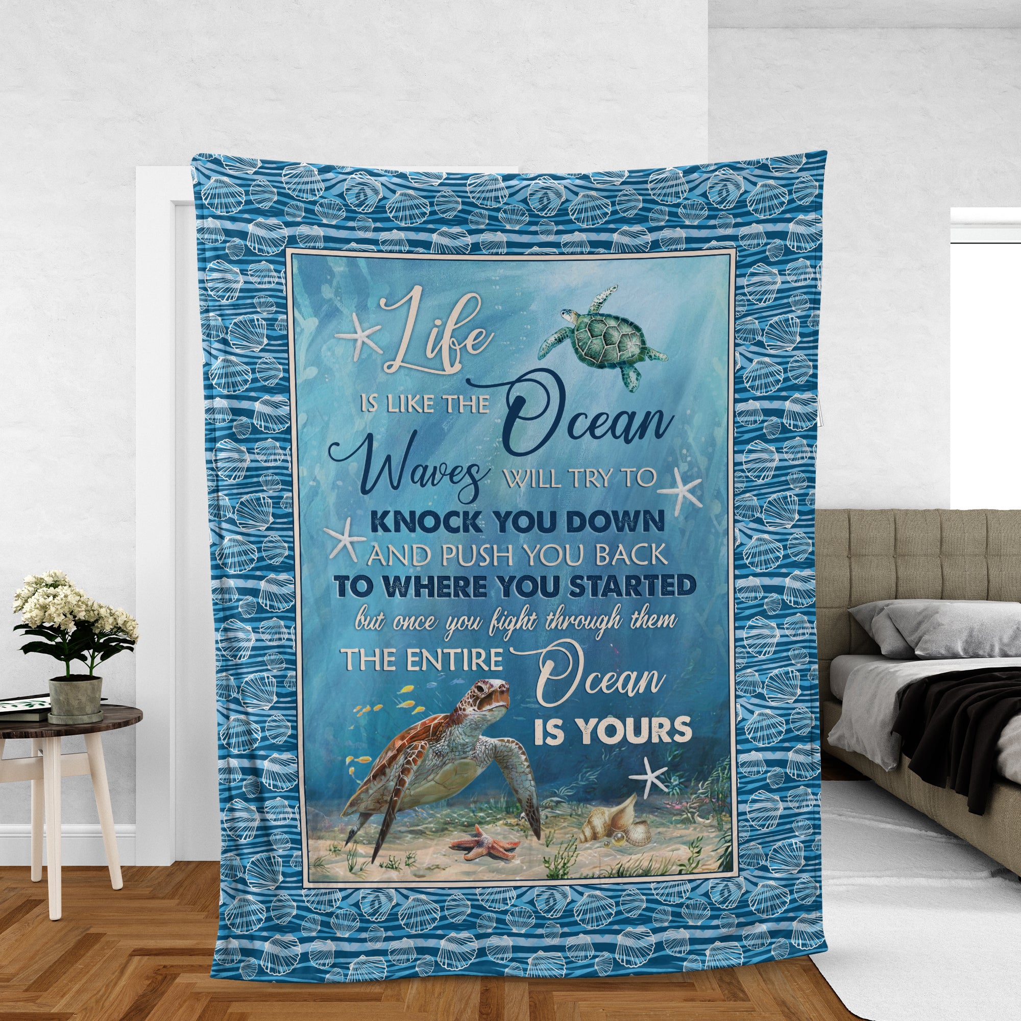 Sea Turtle Throw Blanket, Blue Ocean Blanket, Inspirational Gift - Life Is Like The Ocean