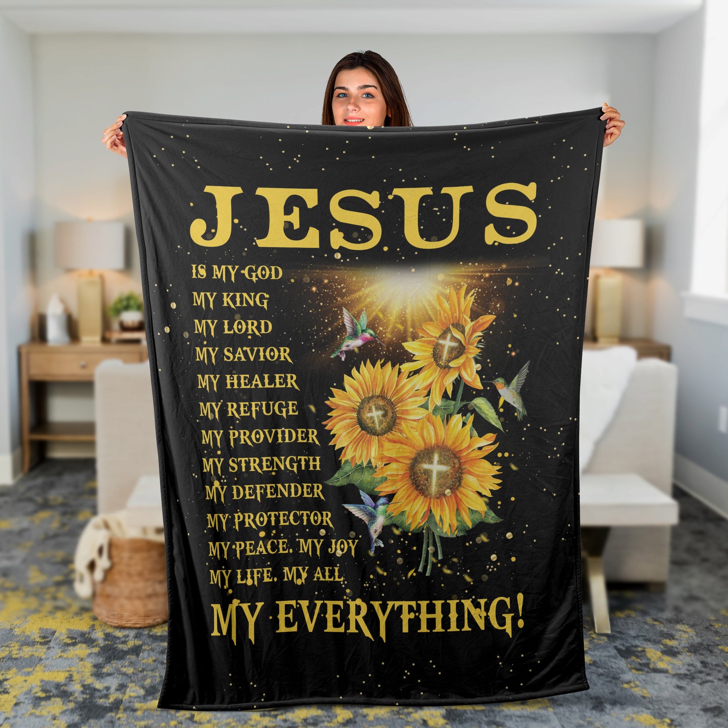 Sunflower And Hummingbird Throw Blanket, Christian Throw Blanket, Faith Blanket, Jesus Blanket, Inspirational Gift - Jesus Is My Everything