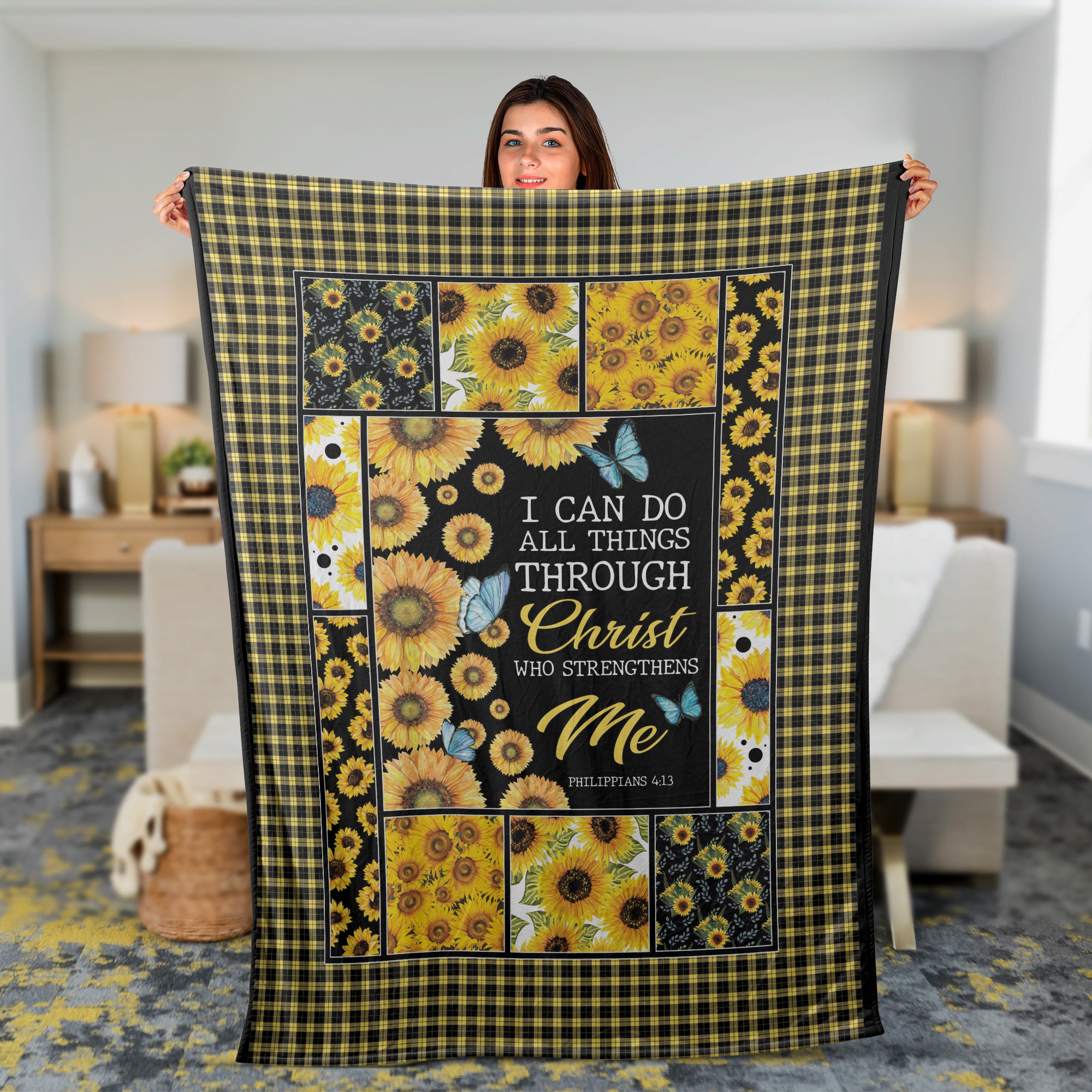 Sunflower Throw Blanket, Christian Throw Blanket, Faith Blanket, Jesus Blanket, Inspirational Gift - I Can Do All Things Through Jesus