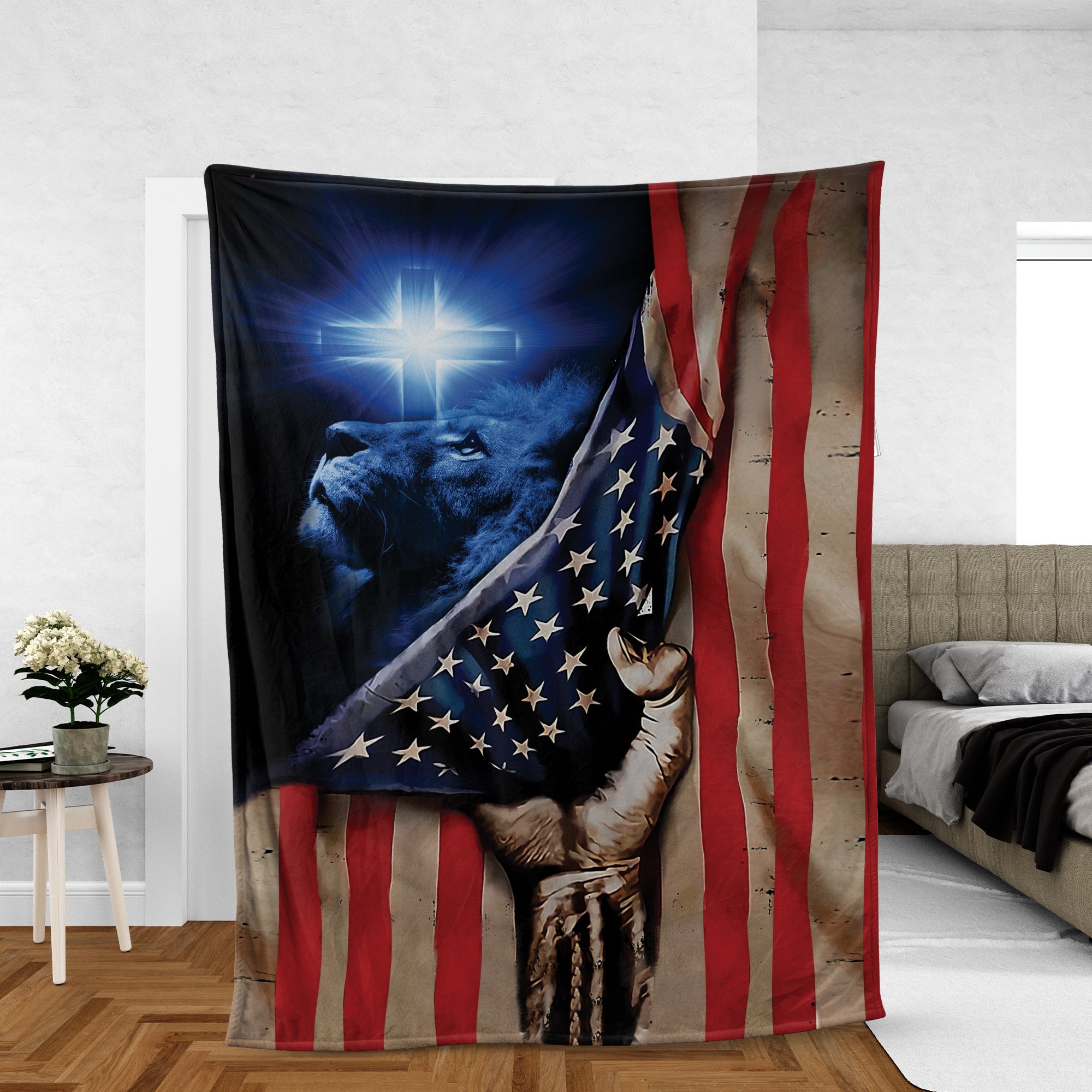 Christian Throw Blanket, Faith Blanket, Jesus Blanket, Independence Day Gift - Us Flag, The Lion And The Cross