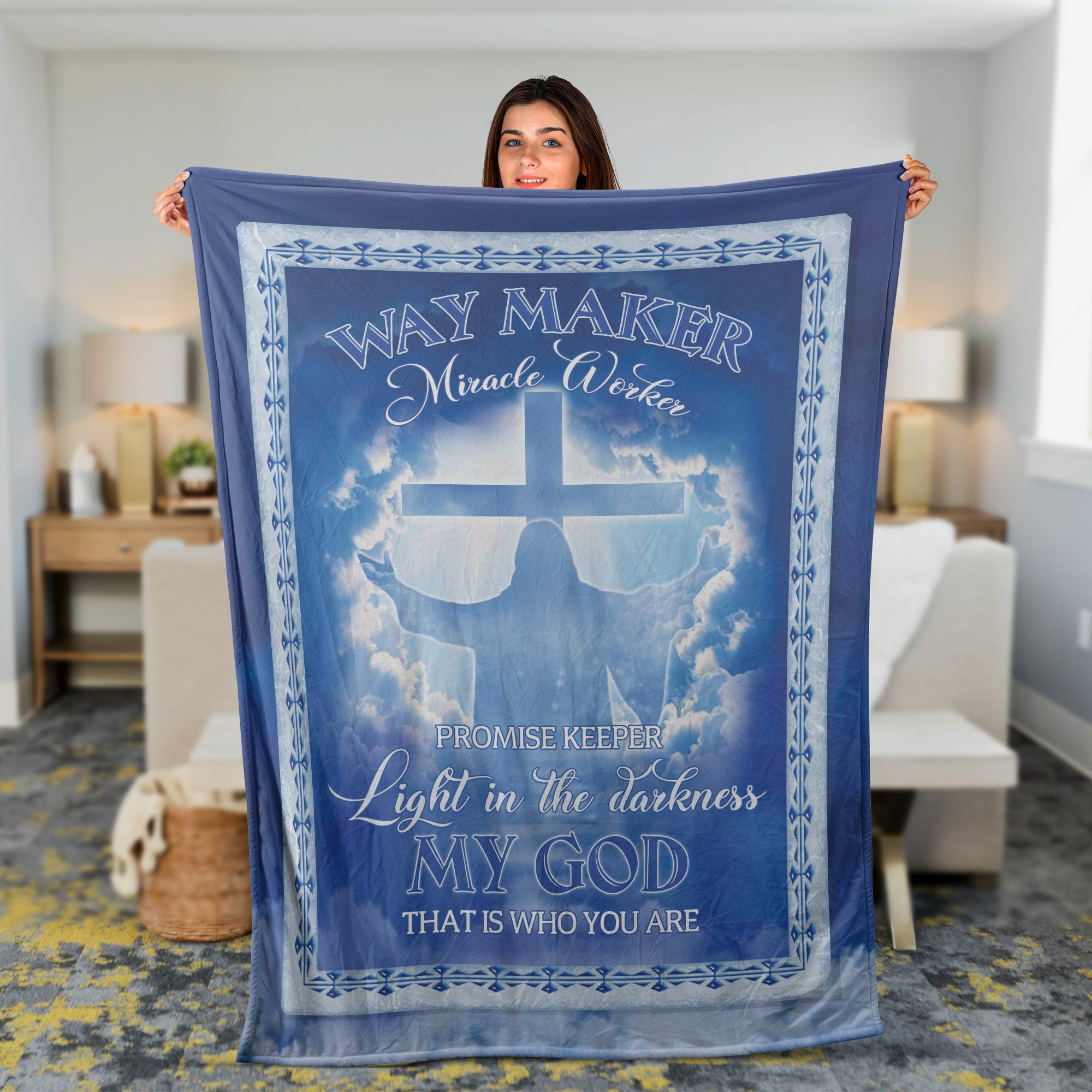 Christian Throw Blanket, Faith Blanket, Jesus Blanket, Inspirational Gift - Way Maker, Miracle Worker, Jesus With Open Arms On The Sky